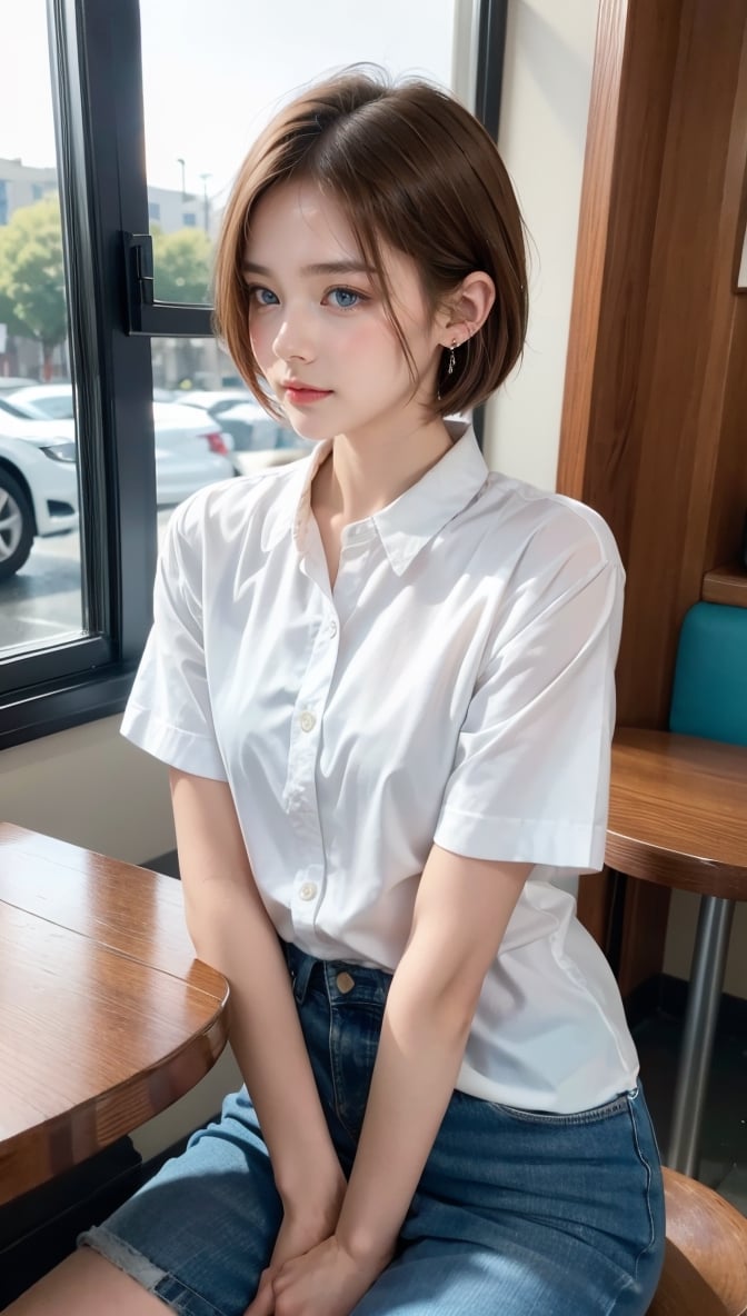 (8k, raw photo, highest quality, master piece: 1.2), (realistic, photorealistic: 1.37), One Girl, Only 19, cute, adorable, (blue eyes), (shy smile: 0.4), (solo), Details Face, oval face, pale almond-shaped eyes, (short brown hair: 1.3), hair over one eye, slender build, medium chest, white collared shirt, lying on back, head tilted, fluorescent Lights, sitting in a coffee shop, by the cafe, window, small head, (looking away), teenage girl, earrings, pen