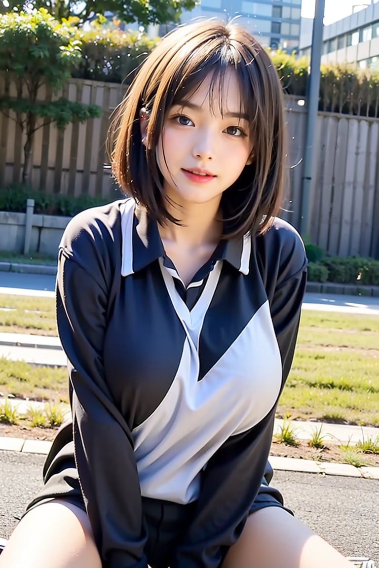 (((realistic))), ((medium_shot)), ((little_girl)),bob cut,straight_hair,(large breasts:1.3),thick thigh,(tight), sitting,looking back,slightly open mouth,((dynamic poses)),  high school uniform, ((school)), tokyo city,
