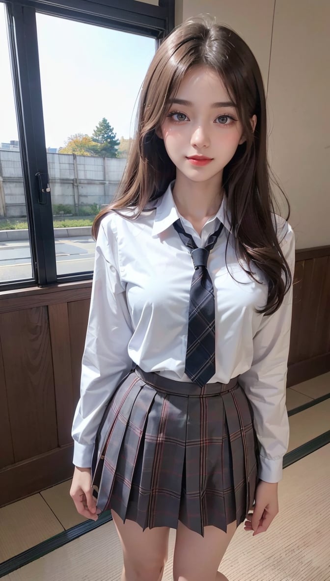 (8K High Resolution), (Highest Quality), (RAW Quality), (Tabletop: 1.2), (Realistic), (Photorealistic: 1.37), ,Big eyes, long eyelashes, (Live-action realistic style), Ultimate face, realistic light and shadow, distinct facial features, ,Fair skin, ),Best portrait, Close-up, One girl, Cute, Beautiful detailed eyes, Highly detailed skin, (Beautiful face with double eyelids), (Realism: 1.4), ((Full body image)) ,Detailed and beautiful face,, Woman around 20 years old, (Beautiful face 1.4),Medium hair,((Japanese high school student in uniform)),(Eye contact with audience),Red lipstick,Drawing lines around eyes,(Smiling slightly),　Standing on a platform at a Japanese station, Commuting to school, (Japanese uniform), Beautiful face reflected in the light, Red lipstick, Drawing around eyes, Very beautiful legs are attractive, Very bright world, Tie, Checkered, Checkered skirt, School uniform, White shirt