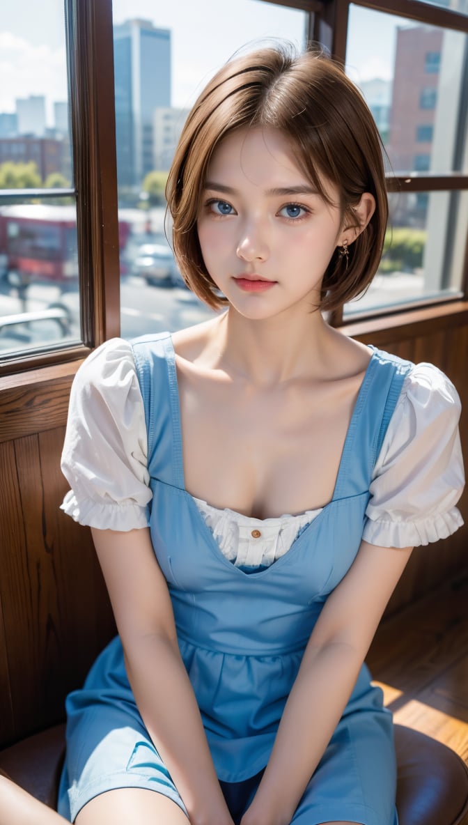 (8k, raw photo, best quality, masterpiece: 1.2), (realistic, photorealistic: 1.37), 1 girl, 19 years old, cute, adorable, (blue eyes), (shy smile: 0.4), (solo), facial details, oval face, pale almond-shaped eyes, (short brown hair: 1.3), hair over one eye, slim figure, medium breasts, maid costume, Akiba maid caffe,, head tilted, fluorescent light, sitting in coffee shop, by cafe, window, small head, (looking away), teenage girl, earrings, pen