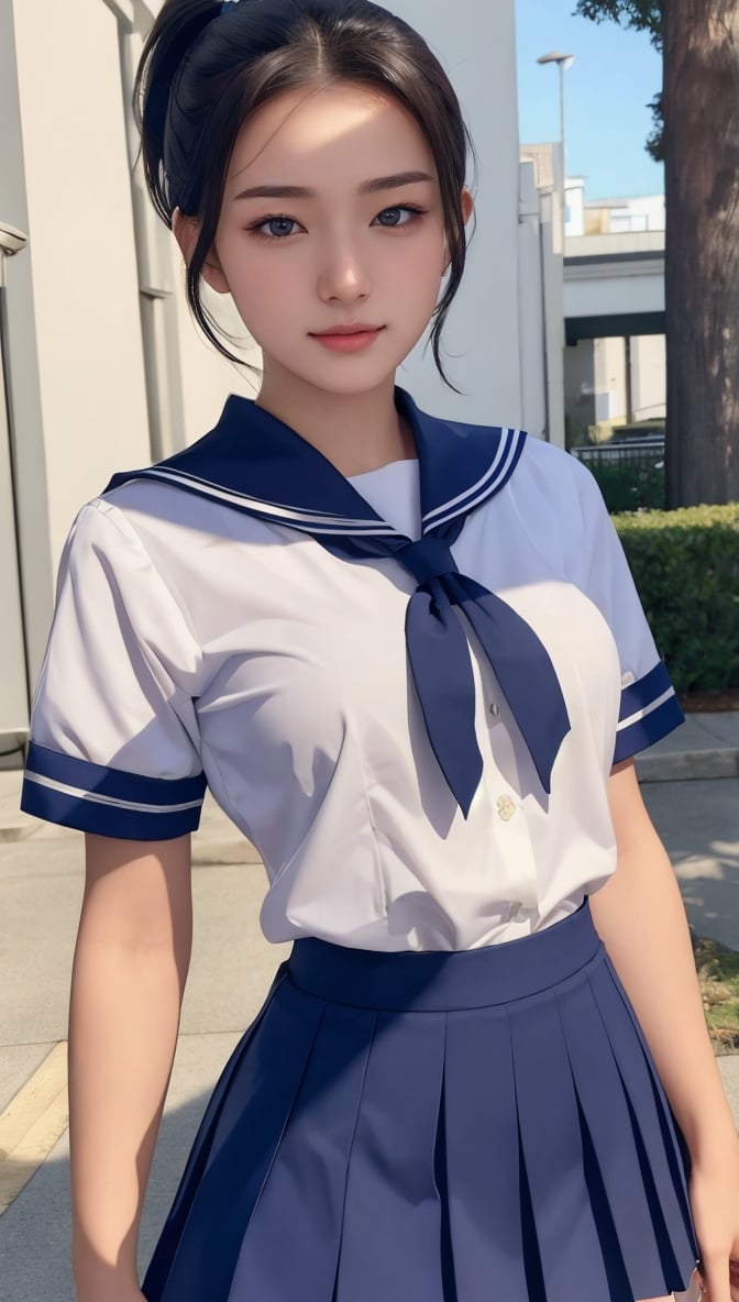 Super high resolution, masterpiece, highest quality,
Highly detailed face, detailed eyes, very complex, perfect shiny shiny skin, perfect lighting, detailed lighting, dramatic shadows, ray tracing, 18 years old, 1 girl, with ponytail hairstyle, upper body, school uniform, serafuku, pleated skirt, sailor collar, white shirt, , thighs, looking at camera, (smile: 0.4), acjc, surugirorashi