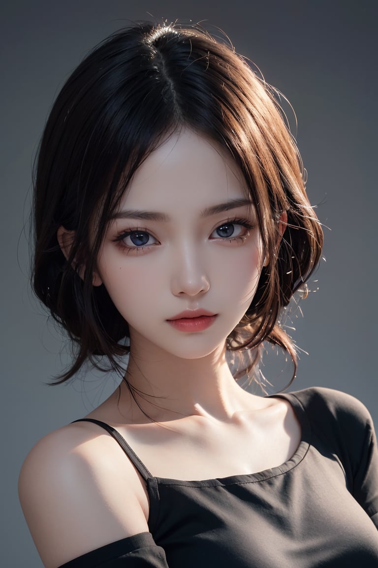 ultra high res,masterpiece,best quality, very detailde face,detailed eyes,extremely intricate,perfect glossy shiny skins,perfect lighting,detailed lighting,dramatic shadows,ray tracing, 1girl,upper body,black shirt,looking at viewer,,cute girl