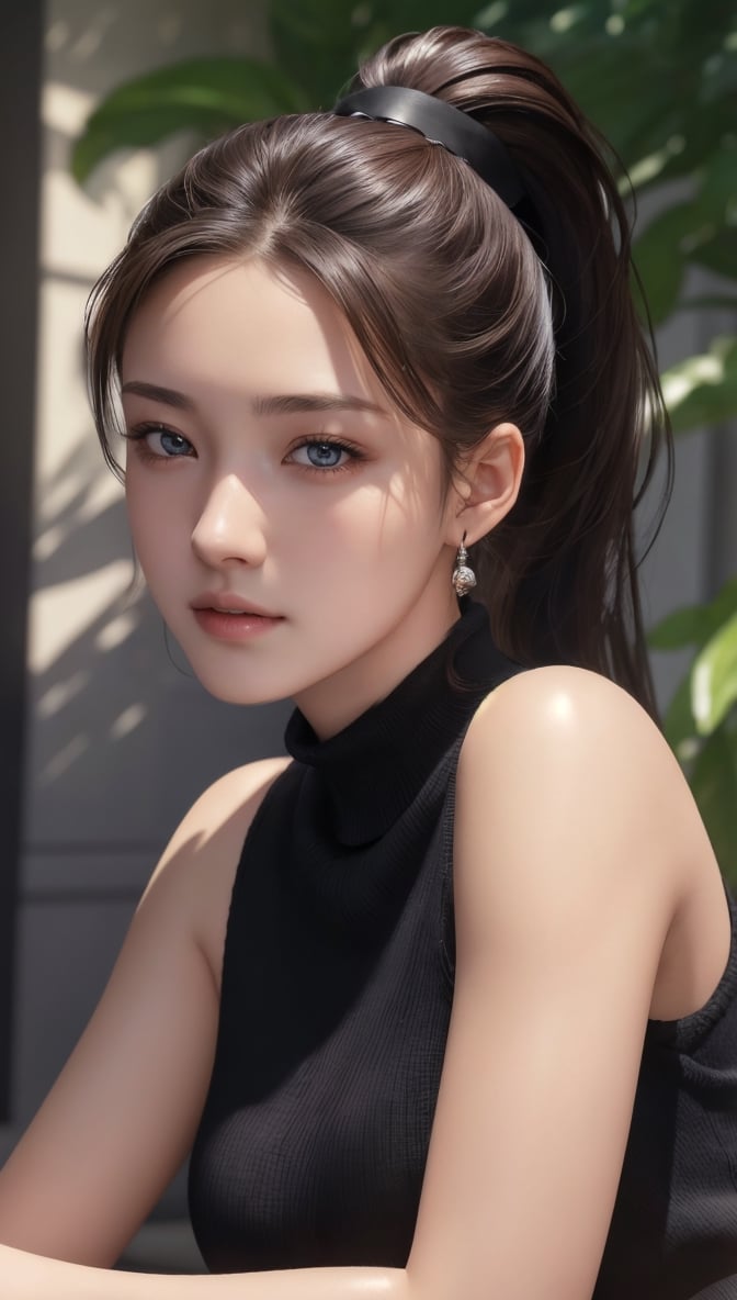 Super high resolution, masterpiece, highest quality,
Highly detailed face, detailed eyes, very complex, perfect shiny shiny skin, perfect lighting, detailed lighting, dramatic shadows, ray tracing, 16 years old, 1 girl, with ponytail Hairstyle, upper body, black virgin sweater, sleeveless, thighs, looking at camera, (smile: 0.4), acjc