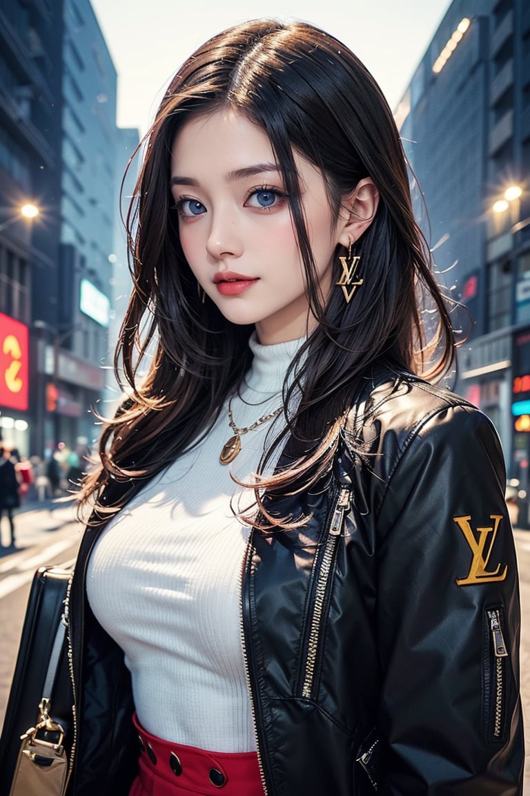 Top quality, 8K, masterpiece, single girl, slim abs beauty, casual hairstyle, big breasts, xuer Luxury brand fashion,Louis Vuitton costume,jacket,suitcase,rolling suitcase,black jacket,dress,earrings,long sleeves,jewelry,open jacket,Louis Vuitton costume, highly detailed face, delicate eyes, double eyelids, shy, dynamic pose, thighs, smiling anime girl, grey brown hair and blue eyes, Zaat Krenz feminization key art, beautiful woman portrait, detailed digital anime art, high detailed official artwork, detailed anime art, female anime hero portrait,xuer Luxury brand fashion
