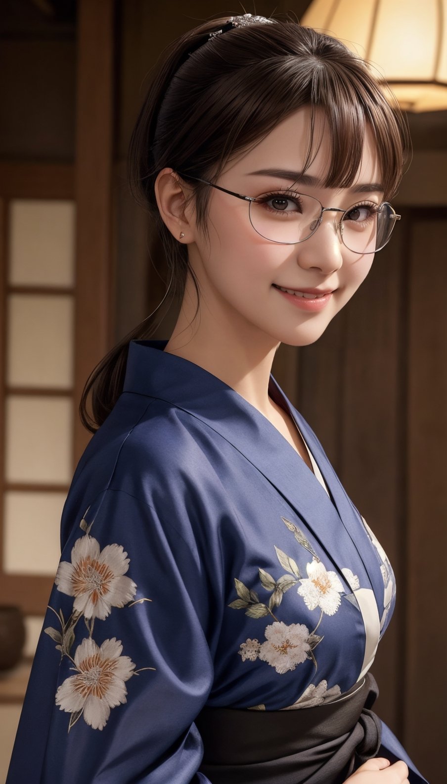 Real, masterpiece, highest quality, raw photo, 1 girl, solo, ponytail, 46 points diagonal bangs, brown hair, detailed face, glamorous face, evil smile, silver-rimmed glasses, dark blue yukata, medium breasts, dynamic pose , Japanese countryside, viewer's eye, from below, detailed background, detailed interior, intricate details, ray tracing, depth of field, low key, HDR, acjc,see-through kimono