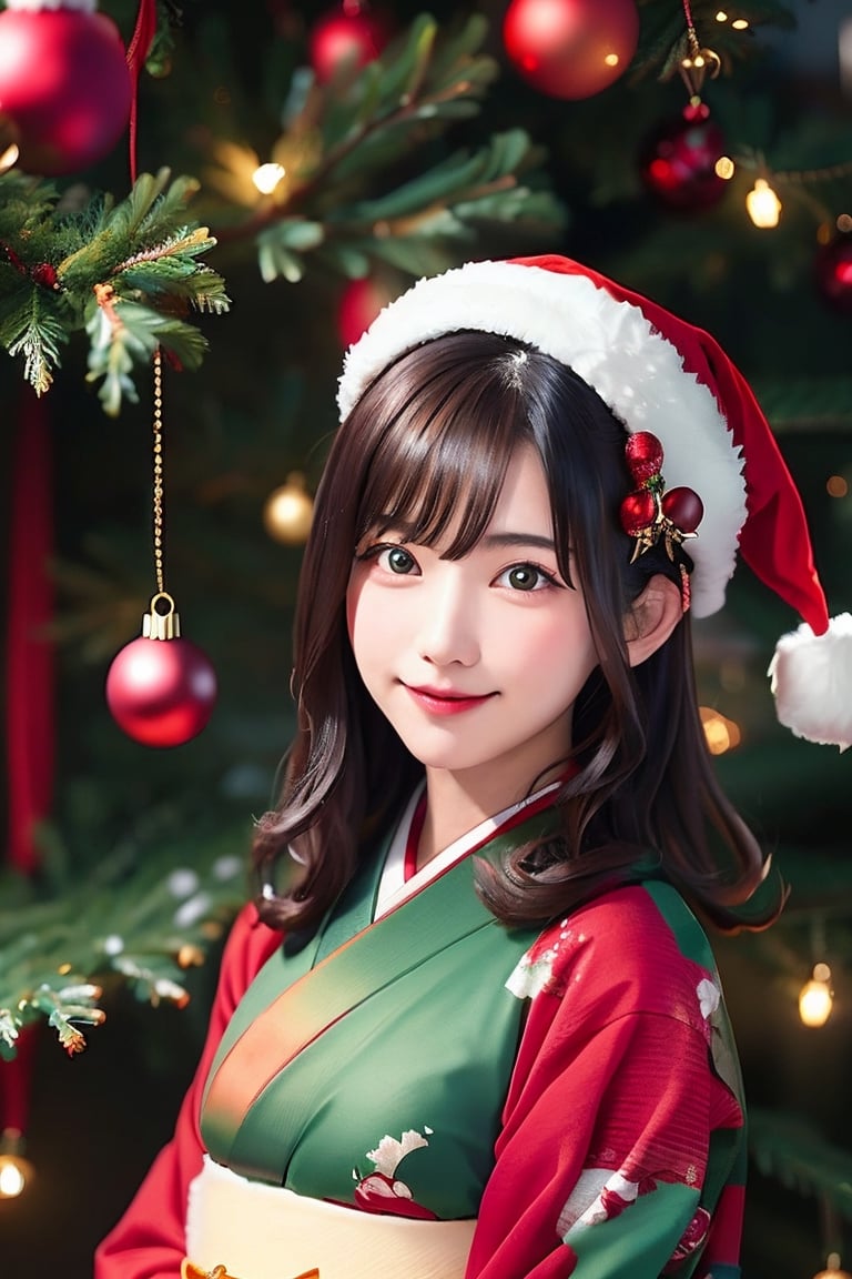 Warm lighting, beautiful Japanese girl, detailed face, shy smile, dark eyes, straight black hair, luxurious red hairpin, details (kimono in red and green Christmas colors, kimono pattern is fir tree), Santa Claus wearing a hat, Kyoto, outdoor, Christmas, upper body, real, SGBB, Wakami no Kokoro, Tifa FF7, acjc, Santa Claus,enako