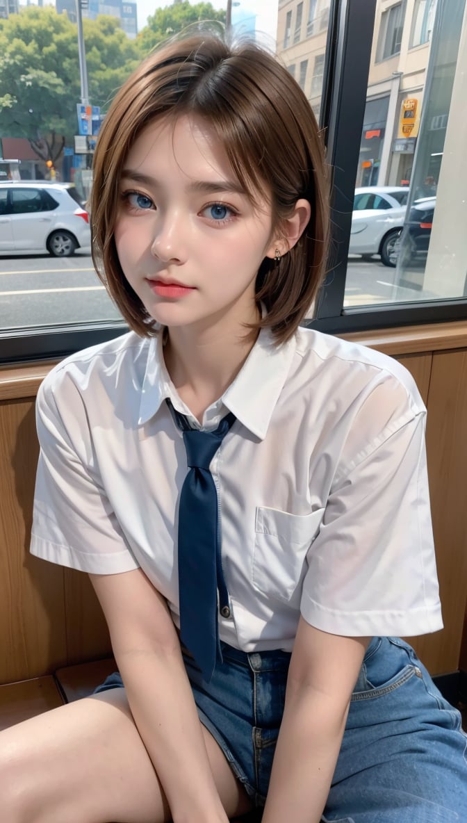 (8k, raw photo, highest quality, master piece: 1.2), (realistic, photorealistic: 1.37), One Girl, Only 19, cute, adorable, (blue eyes), (shy smile: 0.4), (solo), Details Face, oval face, pale almond-shaped eyes, (short brown hair: 1.3), hair over one eye, slender build, medium chest, white collared shirt, lying on back, head tilted, fluorescent Lights, sitting in a coffee shop, by the cafe, window, small head, (looking away), teenage girl, earrings, pen