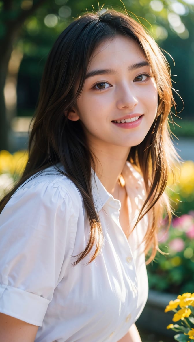 Masterpiece, DSLR photography, analog style, Nikon D5, live action photography, beautiful 16 year old female, dramatic lighting (85mm), flowering garden in background, (detailed face), (beautiful sparkling eyes), dynamic angle, Michelangelo style, long hair, white shirt, smiling face: 1.4,