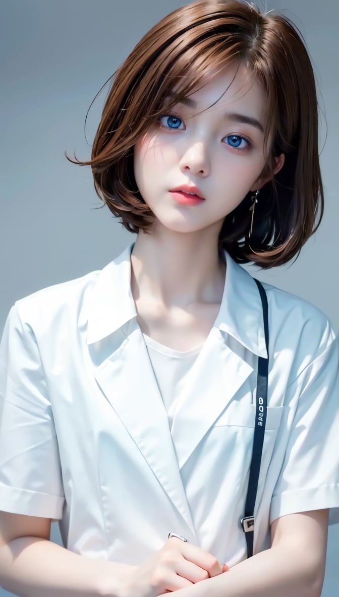 (8k, raw photo, highest quality, master piece: 1.2), (realistic, photorealistic: 1.37), One Girl, Only 19, cute, adorable, (blue eyes), (shy smile: 0.4), (solo), Details Face, oval face, pale almond-shaped eyes, (short brown hair: 1.3), hair over one eye, slender build, medium chest, Wearing a white shirt with short sleeves、Blazer Clothing、have a pen、1 notebook、1 book、, head tilted, fluorescent Lights, Study at your desk、school classrooms、, small head, (looking away), teenage girl, earrings, pen,MaryAmber,shirt,hands