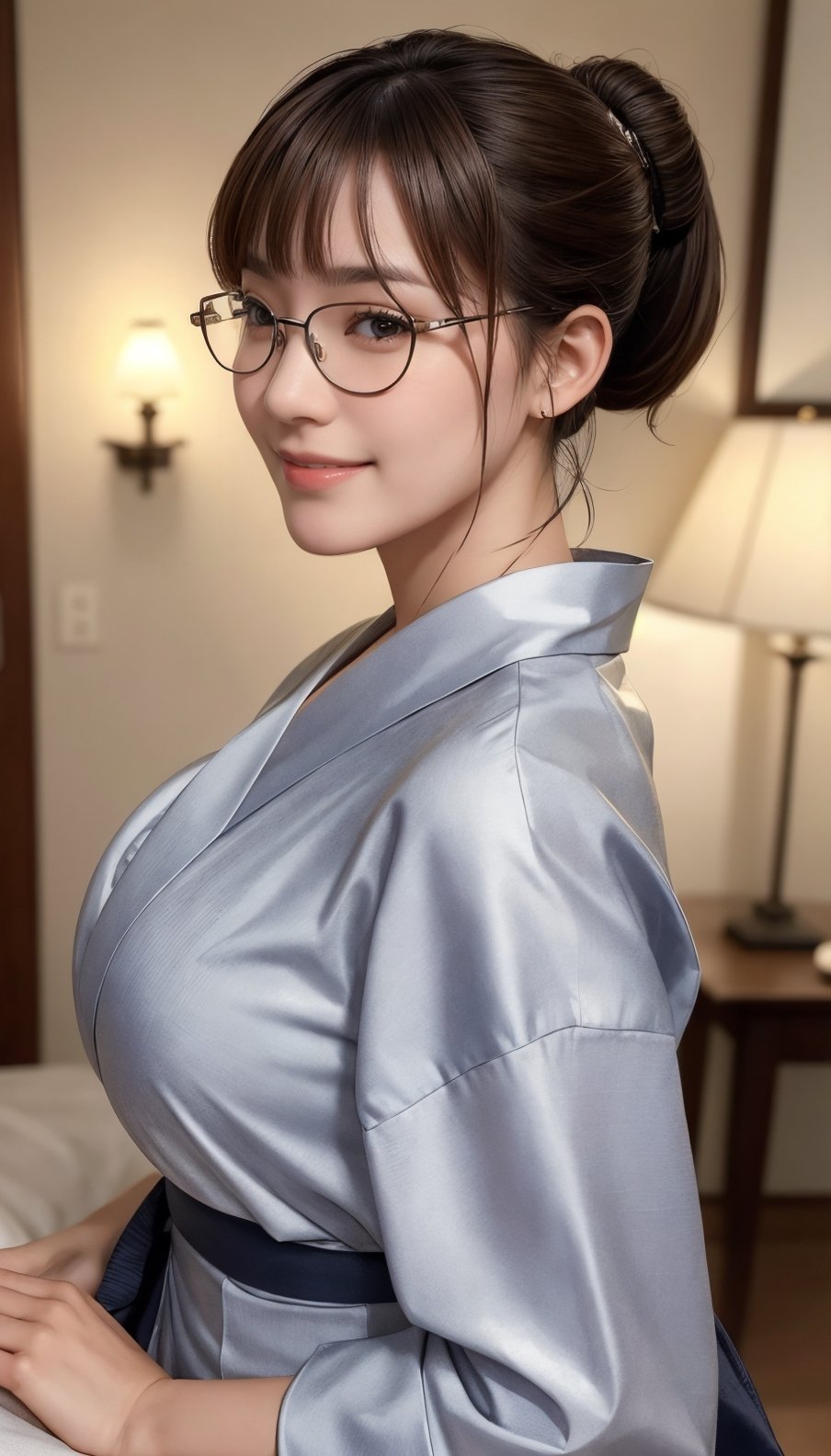 Real, masterpiece, highest quality, raw photo, 1 girl, solo, ponytail, 46 point diagonal bangs, brown hair, detailed face, glamorous face, wicked smile, silver-rimmed glasses, yukata, big breasts, dynamic pose, viewer eye, from below, detailed background, detailed interior, intricate details, ray tracing, depth of field, low key, HDR, acjc