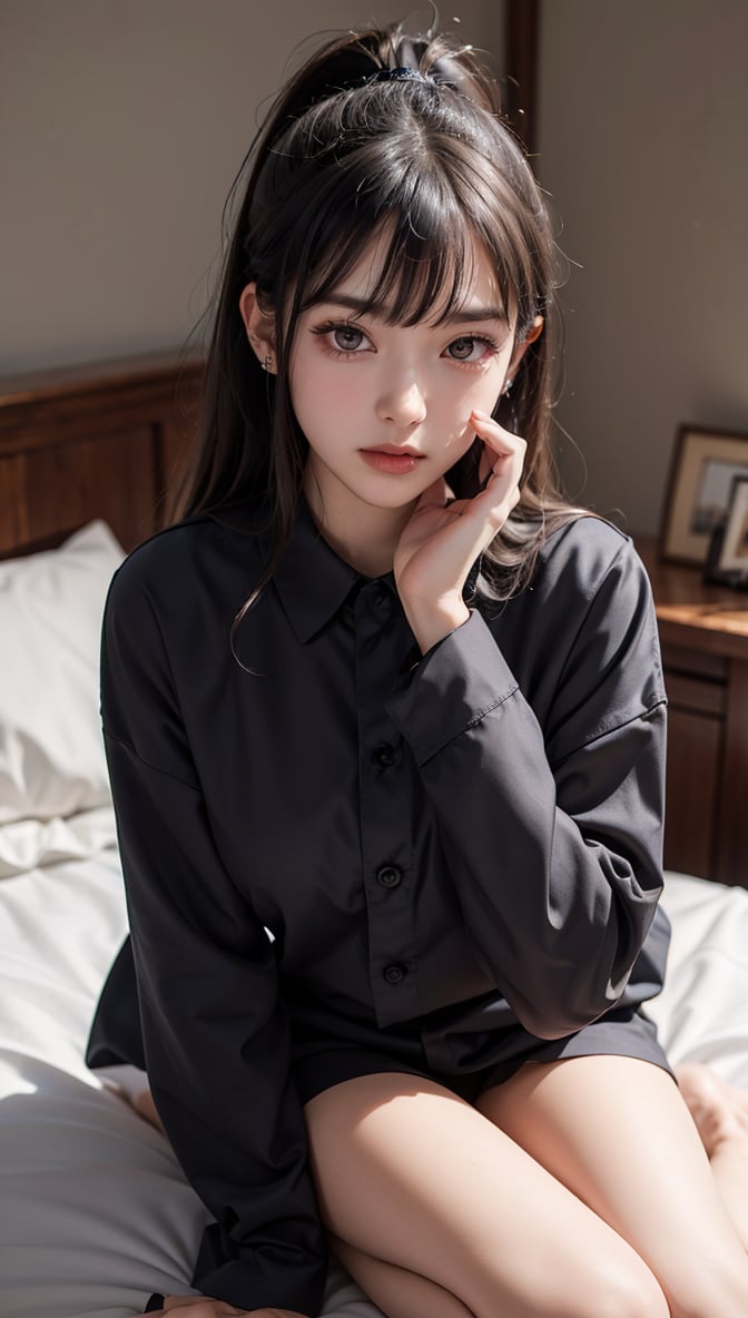 Ultra High Resolution, Masterpiece, Top Quality, High Resolution Face, Detailed Eyes, Very Hard, Perfectly Glowing Skin, Perfect Lighting, Detailed Lighting, Dramatic Shadows, Ray Tracing, 16 Years Old, 1 Girl, Inverted Triangle Face, Narrow Eyes, Ponytail, Pajamas, Silk Pajamas, On Bed, Bedroom, Black Nails, Black Hair, Long Sleeves, Bangs, Nail Polish, Ear Piercing, Staring at the Audience, (Smile: 0.4), little_cute_girl, Photo of a Woman, Chihara