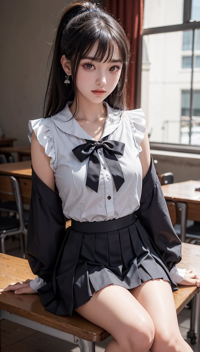 Ultra High Resolution, Masterpiece, Top Quality, High Resolution Face, Detailed Eyes, Very Difficult, Perfectly Glowing Skin, Perfect Lighting, Detailed Lighting, Dramatic Shadows, Ray Tracing, 16 Years Old, 1 Girl, Inverted Triangle Face, Narrow Eyes, Ponytail,, Uniform, Sailor Suit, Pleated Skirt, Sailor Collar, White Shirt, Red Eyes, Earrings, Jewelry, Black Nails, Black Hair, Long Sleeves, Bangs, Nail Polish, Ear Piercing, Staring at Audience, (Smile: 0.4), School Classroom, Staring Across Desk, little_cute_girl, Photo of Woman, Chihara