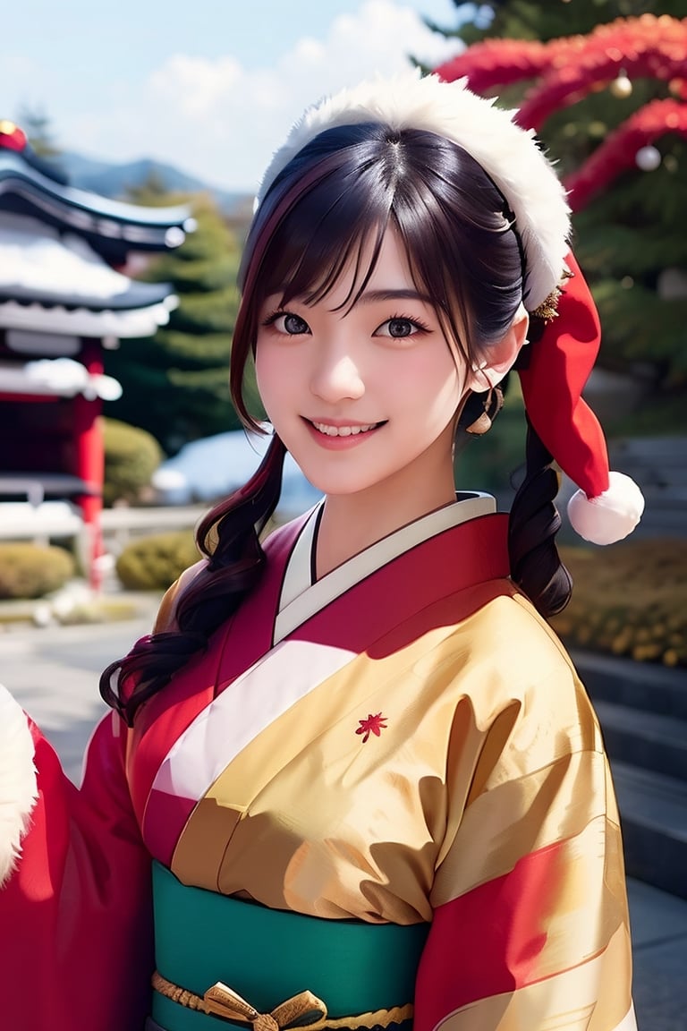 Warm lighting, beautiful Japanese girl, detailed face, shy smile, dark eyes, straight black hair, gorgeous red hairpin, details (Christmas colored kimono), Kyoto, outdoor, Christmas, autumn leaves, upper body, realistic, SGBB, Wakami no Kokoro, Tifa FF7, acjc, Santa Claus