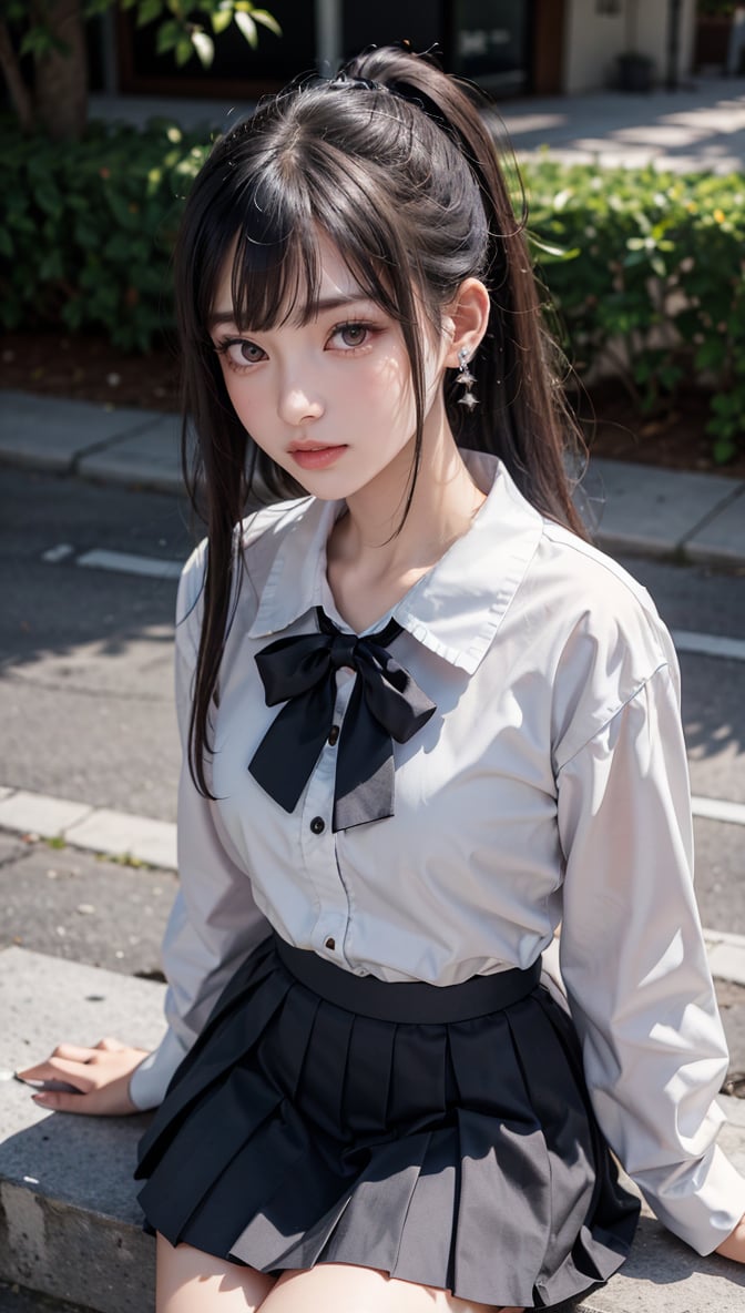 Ultra High Resolution, Masterpiece, Top Quality, High Resolution Face, Detailed Eyes, Very Difficult, Perfectly Glowing Skin, Perfect Lighting, Detailed Lighting, Dramatic Shadows, Ray Tracing, 16 Years Old, 1 Girl, Inverted Triangle Face, Narrow Eyes, Ponytail,, School Uniform, Sailor Uniform, Pleated Skirt, Sailor Collar, White Shirt, Red Eyes, Earrings, Jewelry, Black Nails, Black Hair, Long Sleeves, Bangs, Nail Polish, Ear Piercing, Staring at the Audience, (Smile: 0.4), little_cute_girl, Photo of a Woman, Chihara