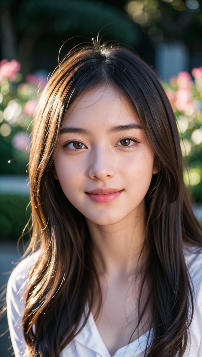 Masterpiece, DSLR photography, analog style, Nikon D5, live action photography, beautiful 16 year old female, dramatic lighting (85mm), flowering garden in background, (detailed face), (beautiful sparkling eyes), dynamic angle, Michelangelo style, long hair, white shirt, smiling face: 1.4,