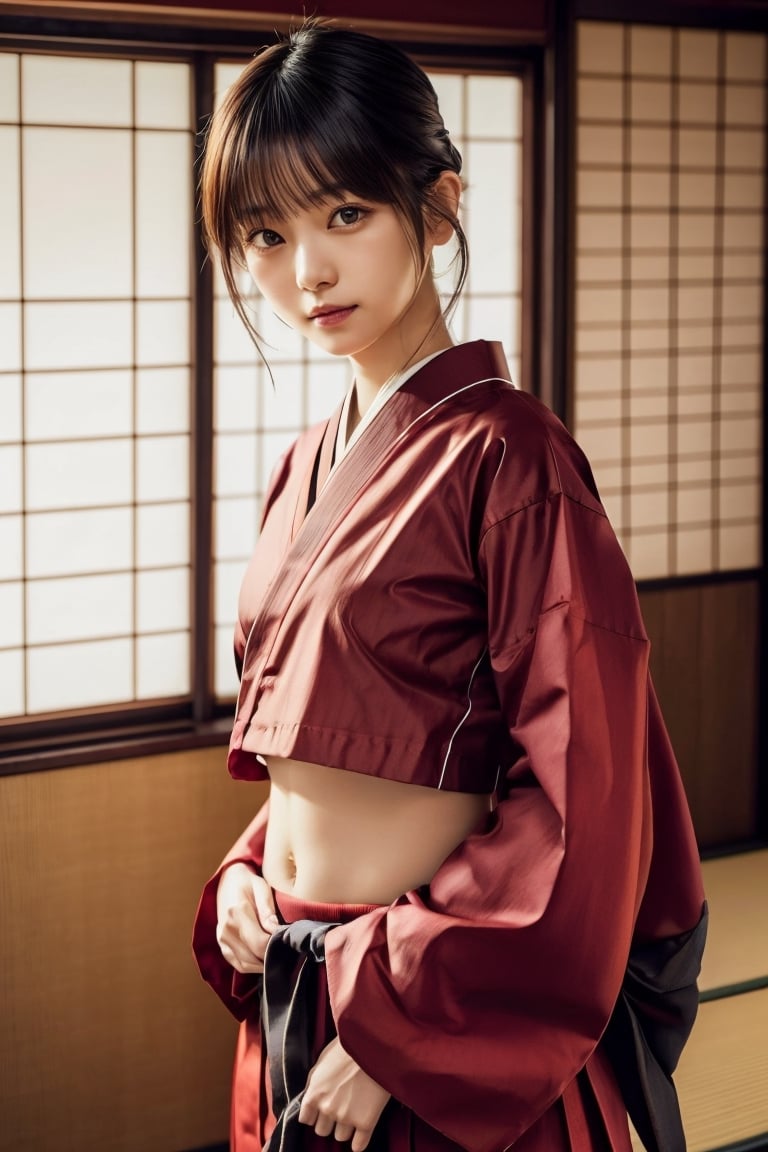 Warm lighting, beautiful Japanese girl, detailed face, sad smile, dark eyes, straight black hair, miko clothes,red hakama, , Shibuya, walking, upper thighs, real Japanese girl yurayura_yuura, Enako, underboob He thinks I'm I'm wearing a crop shirt.