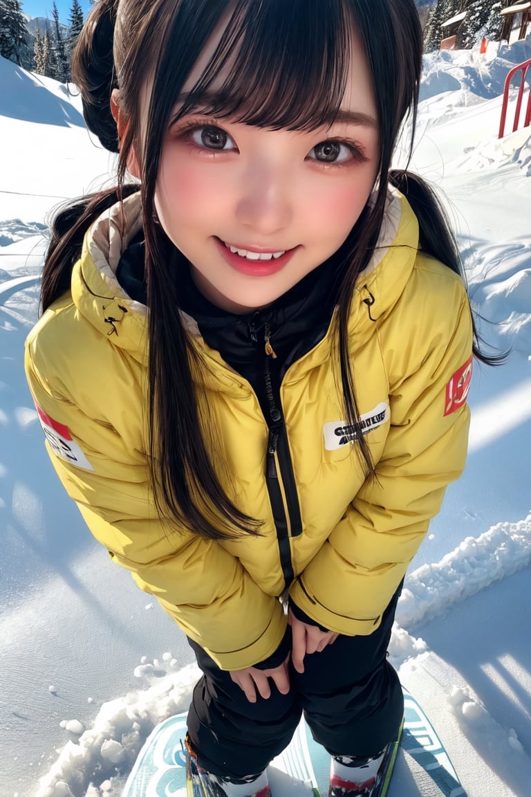 Warm lighting, beautiful Japanese girl, detailed face, shy smile, dark eyes, straight black hair, details (snowboarding wear), ski resort, snowboarding, outdoors, above the thighs, real Japanese girl, yurayura_yuuura