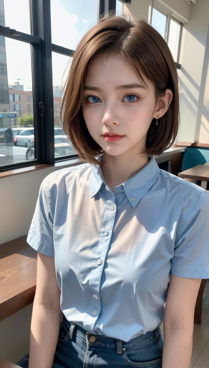 (8k, raw photo, highest quality, master piece: 1.2), (realistic, photorealistic: 1.37), One Girl, Only 19, cute, adorable, (blue eyes), (shy smile: 0.4), (solo), Details Face, oval face, pale almond-shaped eyes, (short brown hair: 1.3), hair over one eye, slender build, medium chest, white collared shirt, lying on back, head tilted, fluorescent Lights, sitting in a coffee shop, by the cafe, window, small head, (looking away), teenage girl, earrings, pen