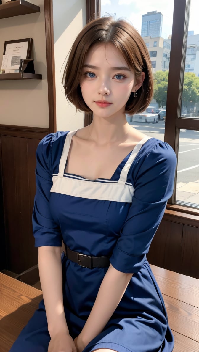 (8k, raw photo, best quality, masterpiece: 1.2), (realistic, photorealistic: 1.37), 1 girl, 19 years old, cute, adorable, (blue eyes), (shy smile: 0.4), (solo), facial details, oval face, pale almond-shaped eyes, (short brown hair: 1.3), hair over one eye, slim figure, medium breasts, navy maid costume, Akiba maid caffe,, head tilted, fluorescent light, sitting in coffee shop, by cafe, window, small head, (looking away), teenage girl, earrings, pen