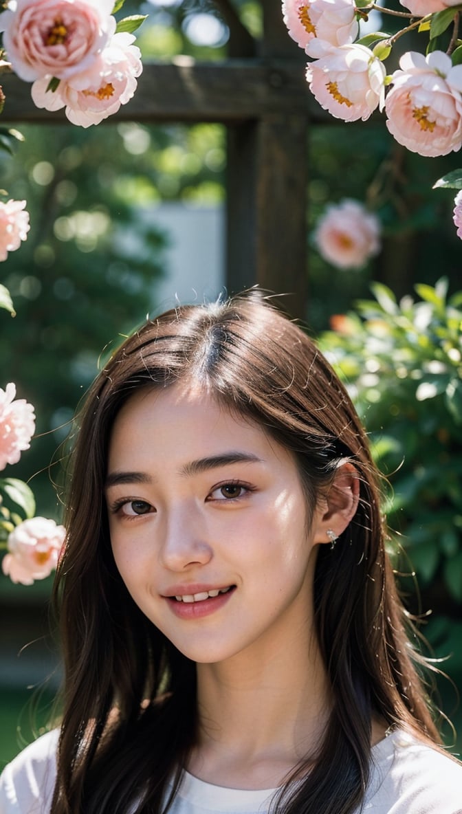 Masterpiece, DSLR photography, analog style, Nikon D5, live action photography, beautiful 16 year old female, dramatic lighting (85mm), flowering garden in background, (detailed face), (beautiful sparkling eyes), dynamic angle, Michelangelo style, long hair, Black shirt, smiling face: 1.4, Bzpeony