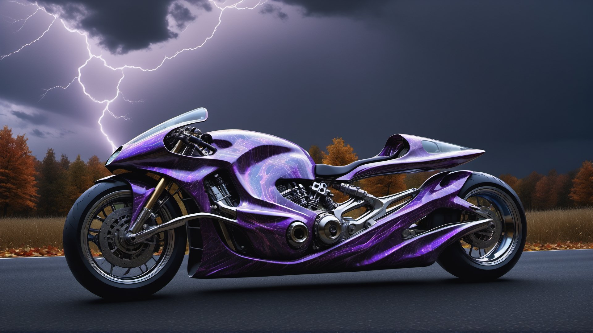 (best quality,  highres,  ultra high resolution,  masterpiece,  realistic,  extremely photograph,  detailed photo,  8K wallpaper,  intricate detail,  film grains),  luxurious  parametric superbike gp style with a skull with bat wings in metal and marble in parametric style inspired by the architecture of Zaha Hadid,  marble and iridescent glass, on the road forest autom, otoño, leafs with a rainbow effect,  on a night of terror in autumn,  with clouds dark and lightning in the sky This is a photographic scene designed with advanced photography,  CGI,  and VFX parameters,  in high definition,  ensuring flawless execution. high level of intricacy in the image