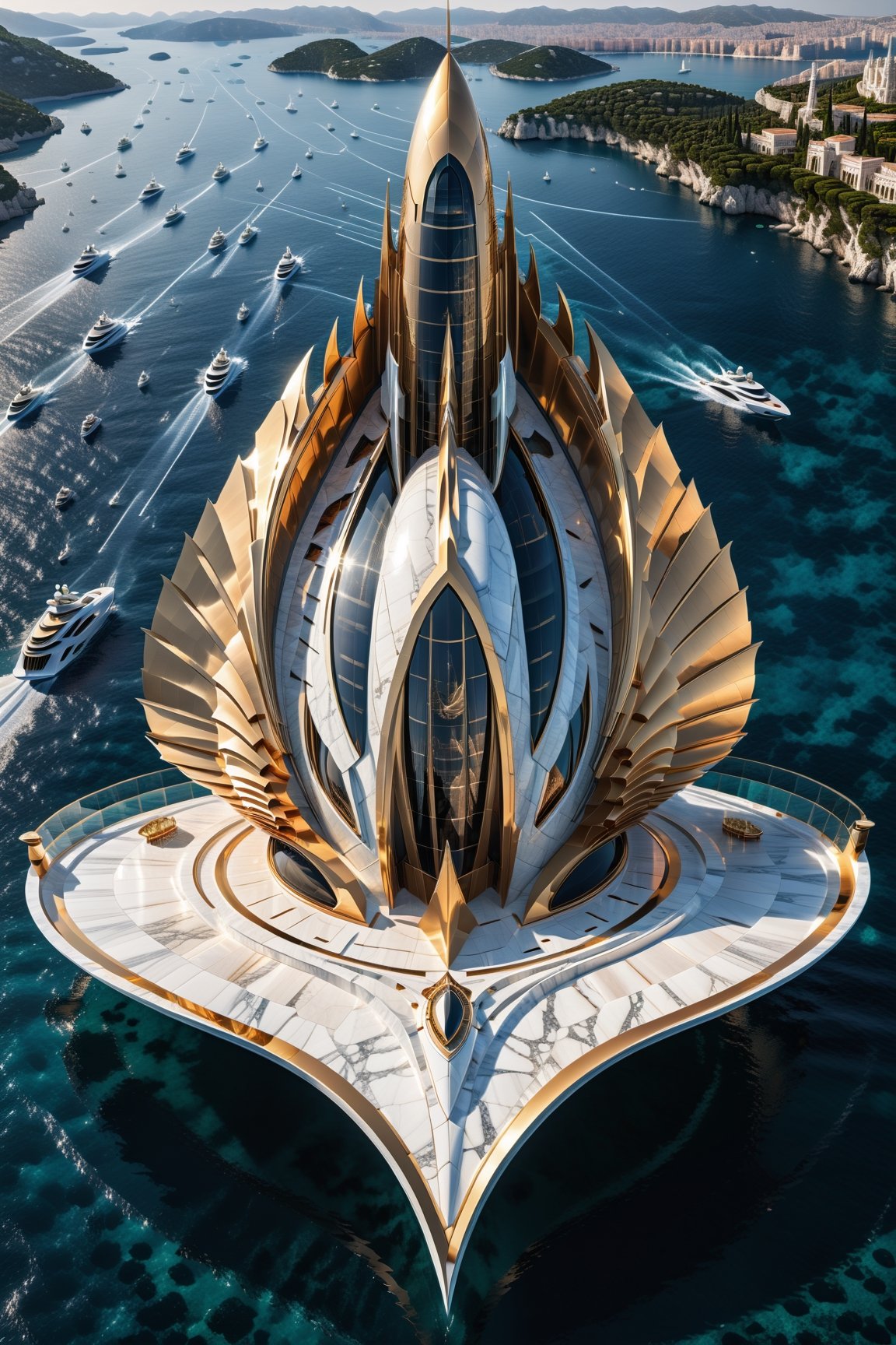 (best quality,  highres,  ultra high resolution,  masterpiece,  realistic,  extremely photograph,  detailed photo,  8K wallpaper,  intricate detail,  film grains), luxurious mega casttle parametric yatch sculpture in marble on a under sea, in metal of a mega rocket with giant glass wings, inspired by the sculptural designs of Zaha Hadid, it must be symmetrical and with shapes similar to the wings, and in the middle there must be a sword with a throne-style gothic design and general everything with very fluid curves and pointed corners, an aggressive and imposing design with a lot of details in each parametric curve, the design should be inside a castle with marble, details in precious stones