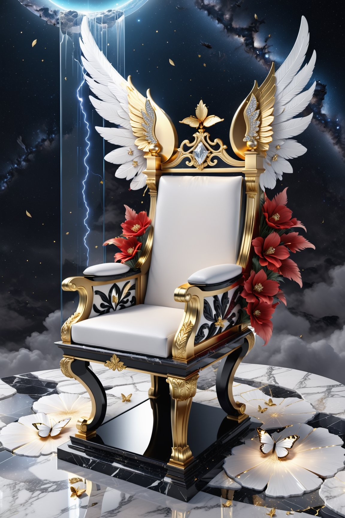 High definition photorealistic render of an incredible and mysterious beautiful and luxurious feminine slipper with intricate gold and white marble details and with wings adorning the design, placed on a luxurious column-style throne in black and white marble with crystal and glass with iridescent details and parametric style, located in a desert night landscape, a sky visible to interstellar space, with asteroids, space matter, galaxies, lightning, rain and stars with flowers, white and red feathers and butterflies, a surreal scene with floating sands
