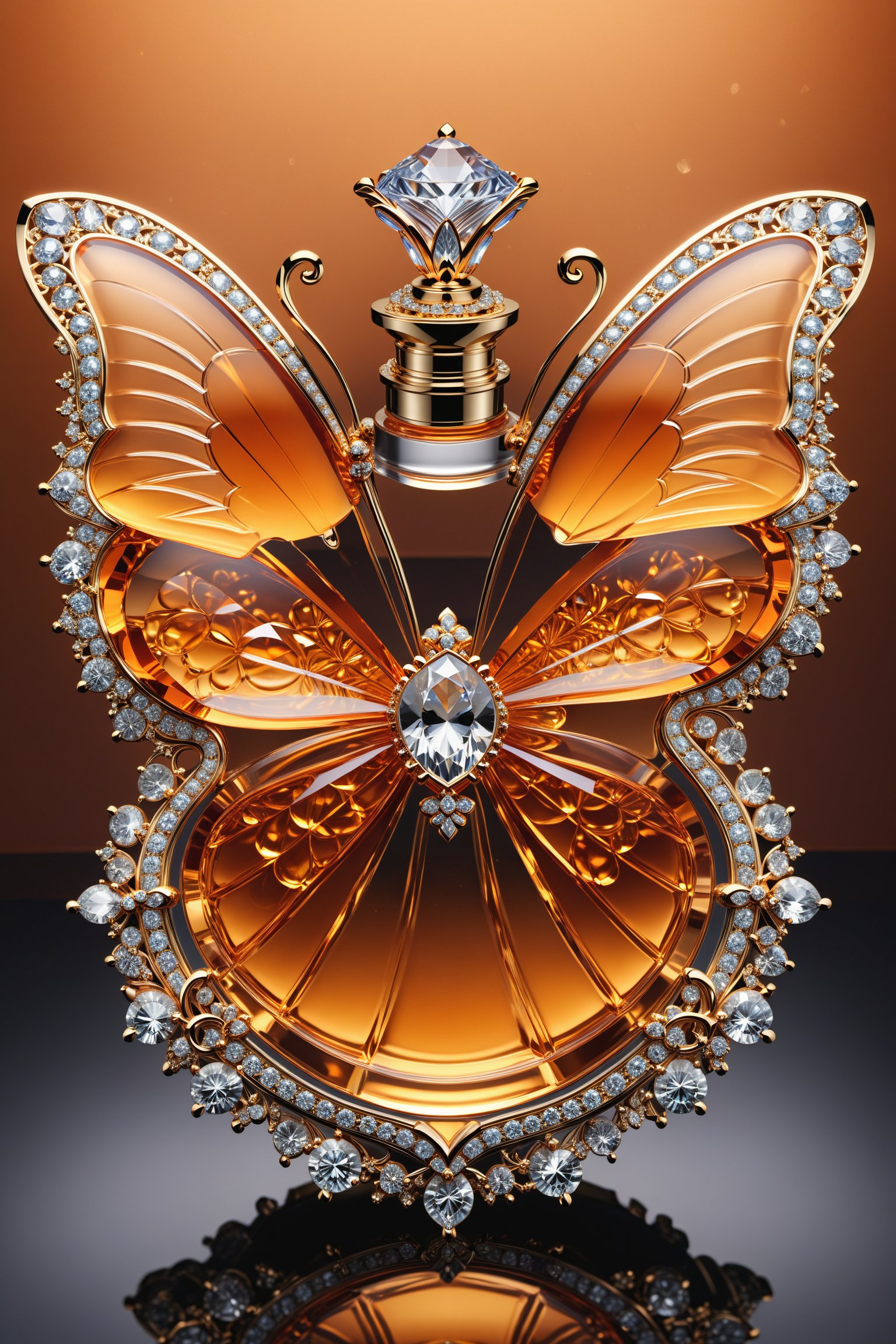 (best quality, highres, ultra high resolution, masterpiece, realistic, extremely photograph, detailed photo, 8K wallpaper, intricate detail, film grains) Photorealistic render in high definition of a majestic perfume made of sculpted glass in an ornamental parametric style, inlaid with diamonds and precious stones, morphologically and conceptually inspired by an orange butterfly with an orange background, its presentation and arrangement, together with the background, must follow the same theme Even the colors, the perfume must be located on a throne of glass and marble and with ornamental details and baroque style, glass with an iridescent effect must be included, and a detailed explosion of the scenery, with fabrics, full of elegant mystery, symmetrical details , geometric and parametric, Technical design, Ultra intricate details, Ornate details