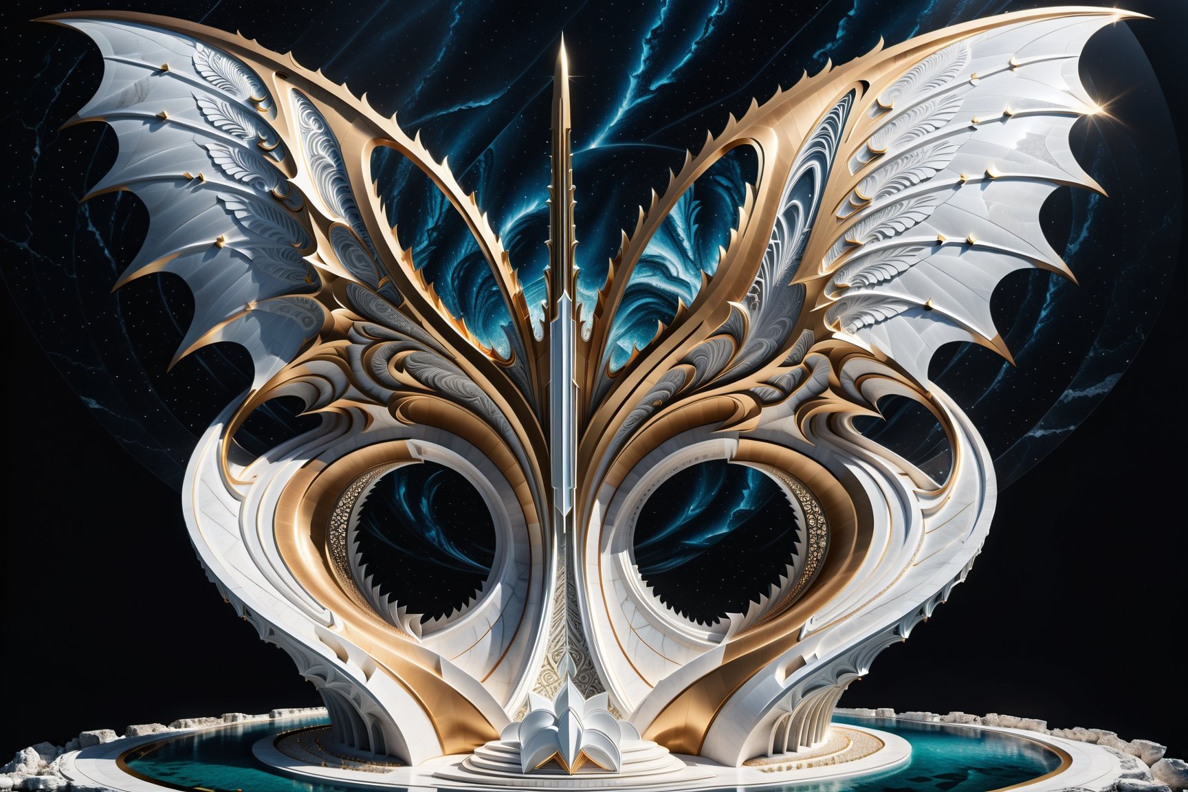 (best quality,  highres,  ultra high resolution,  masterpiece,  realistic,  extremely photograph,  detailed photo,  8K wallpaper,  intricate detail,  film grains), luxurious parametric giga sculpture in marble on a under sea, in metal of a mega rocket with giant glass wings, inspired by the sculptural designs of Zaha Hadid, it must be symmetrical and with shapes similar to the wings, and in the middle there must be a sword with a throne-style gothic design and general everything with very fluid curves and pointed corners, an aggressive and imposing design with a lot of details in each parametric curve, the design should be inside a castle with marble, details in precious stones