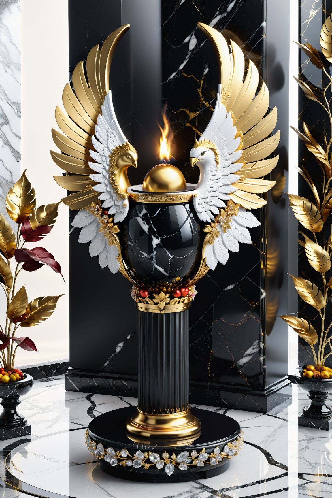 High definition photorealistic render of an incredible and mysterious beautiful and luxurious maracas with intricate gold and white marble details and wings adorning the design, placed on a luxurious column-style throne in black and white marble with crystal and glass with iridescent details and parametric style, located in a daytime landscape with an ice floor, with leaves autumn, many flowers and dry trees, with a strong sun in the background with fire and smoke