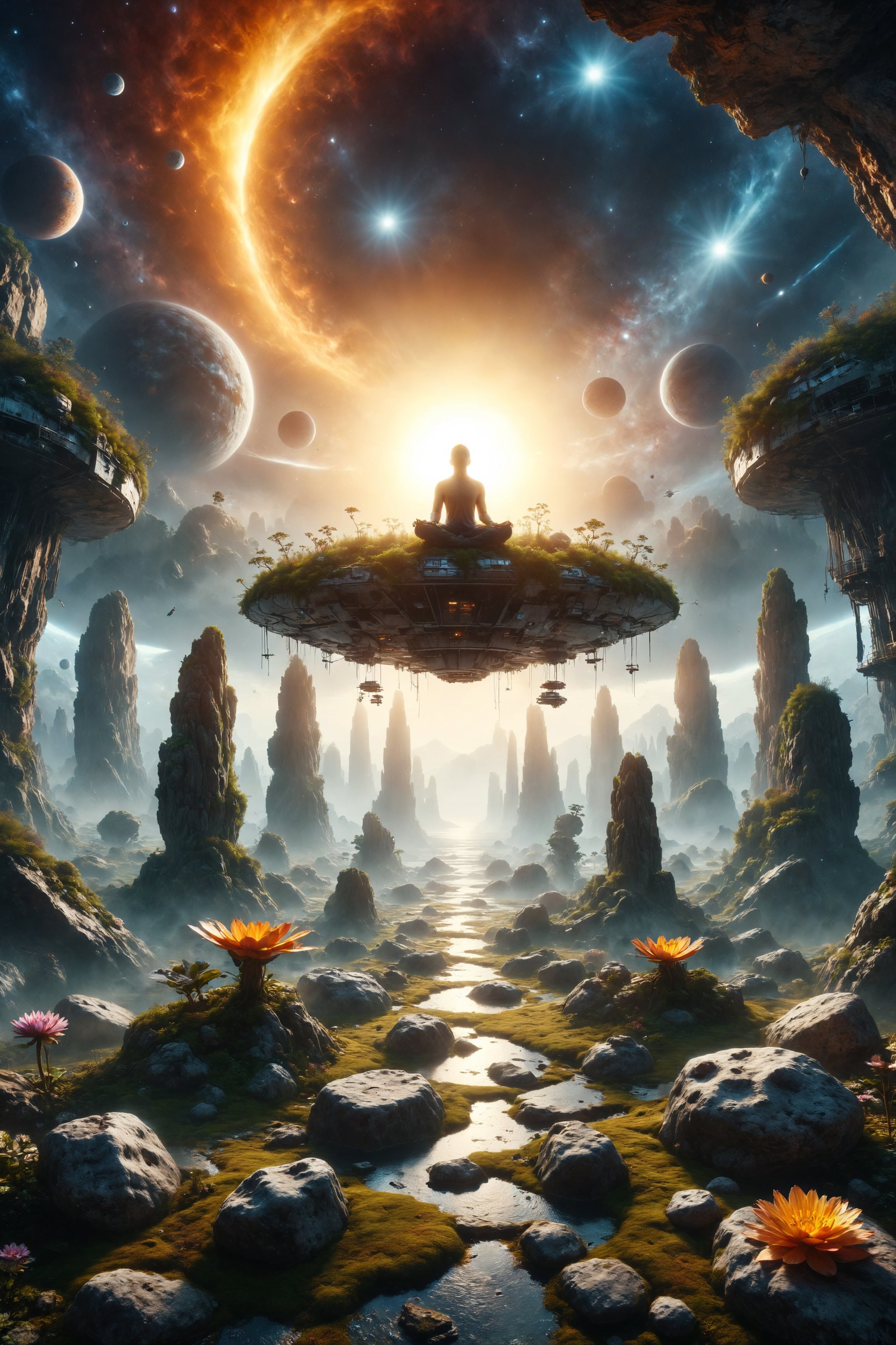 Design a scene of a person meditating in a rock garden on a floating space station near the sun.
