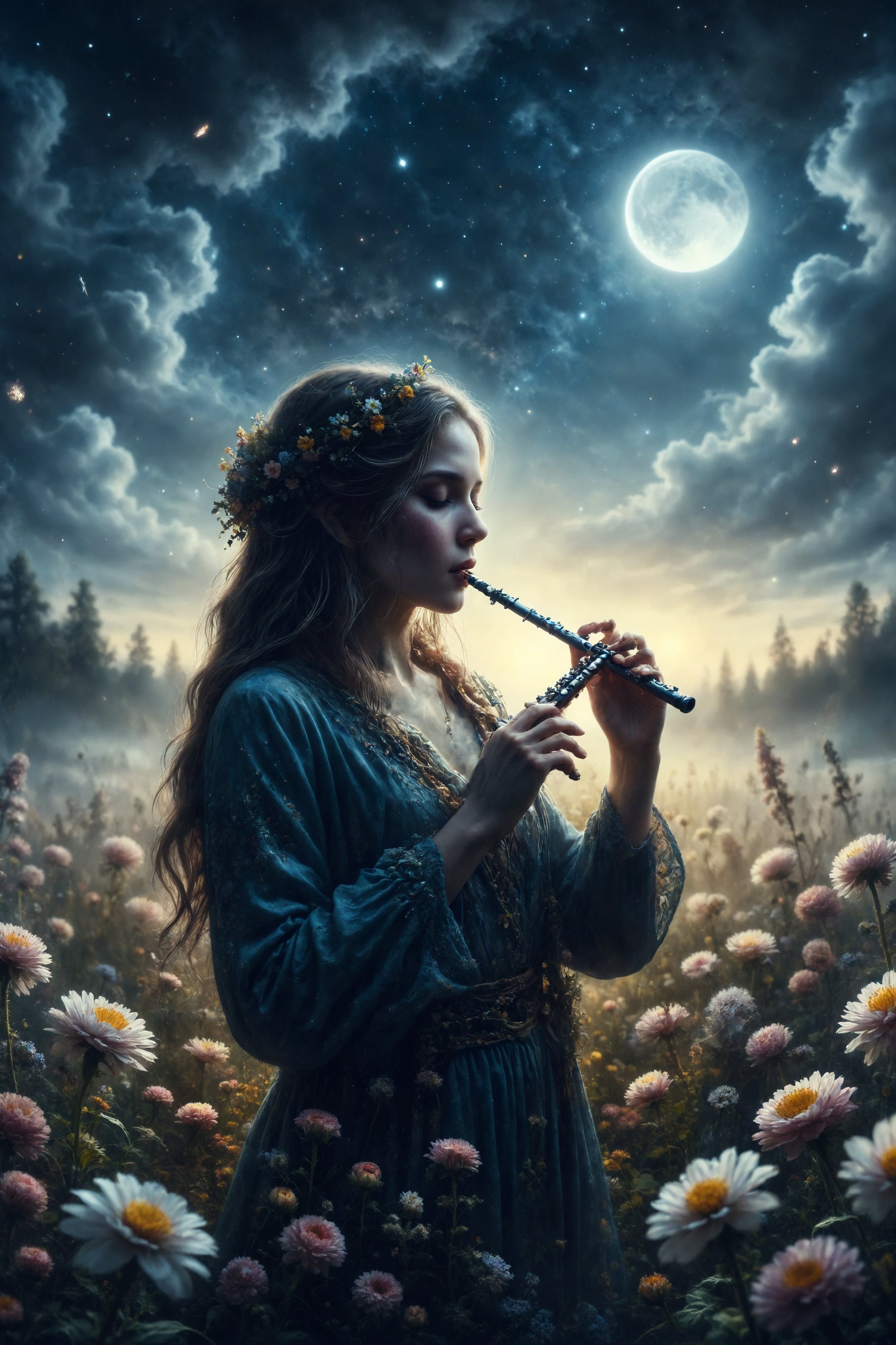 Create an illustration of a mistycal criature playing a flute in a field of moonlit flowers.