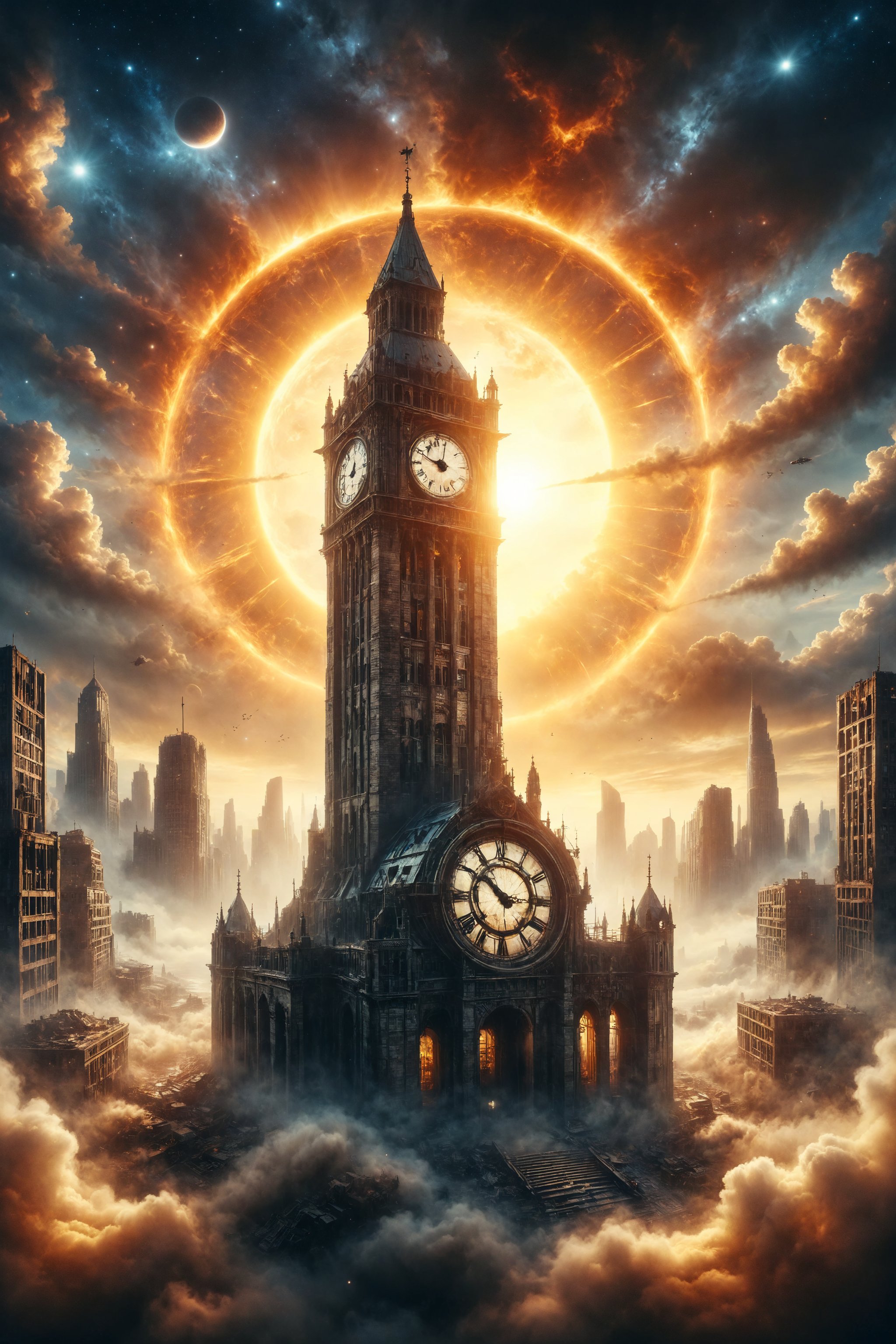 Design a scene of a giant clock tower orbiting near the sun, marking cosmic time with precision.
