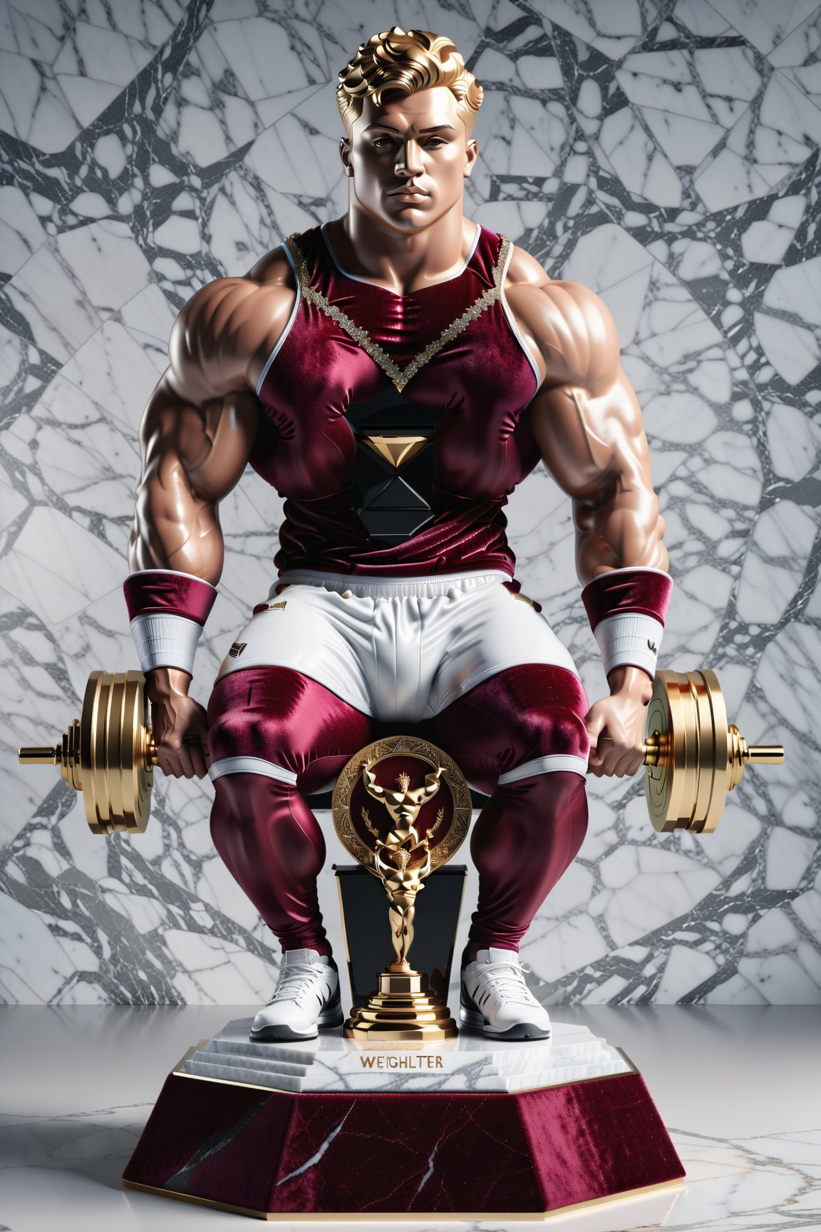 High definition photorealistic render of a luxurious trophy inspiration on weightlifter man sport, in metal and marble burgundy color, in diamond-encrusted metal, with fluid and parametric curves, located on a marble and metal throne, with intricate details, and luxurious velvet fabric full of elegant mystery, symmetrical, geometric and parametric details, Technical design, Ultra intricate details, Ornate details. shutter speed 1/1000, f/22, white balance, vintage aesthetic, retro aesthetic, retro film, dramatic setting, horror film