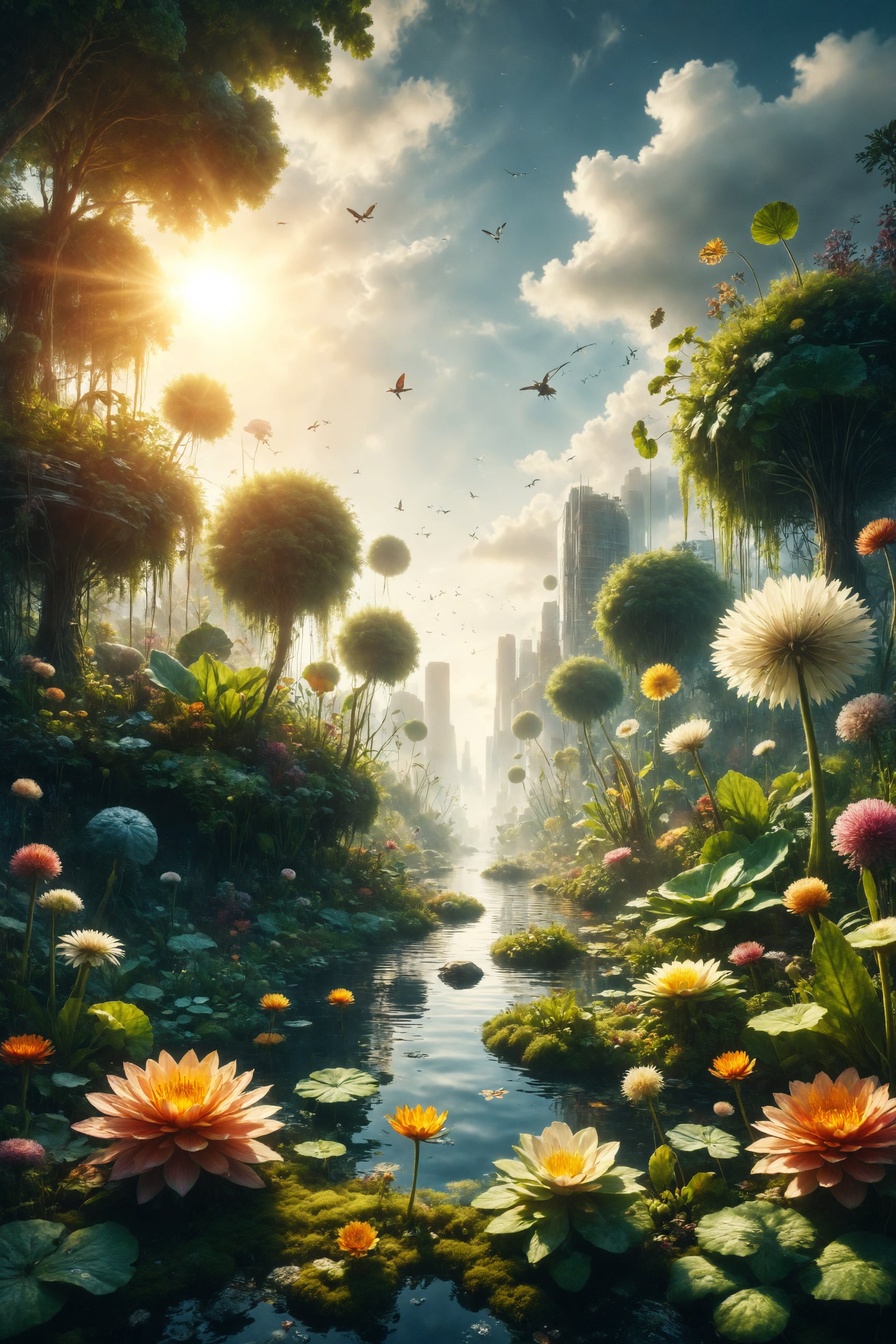 Create an illustration of a floating botanical garden near the sun, with plants adapted to the intense sunlight.