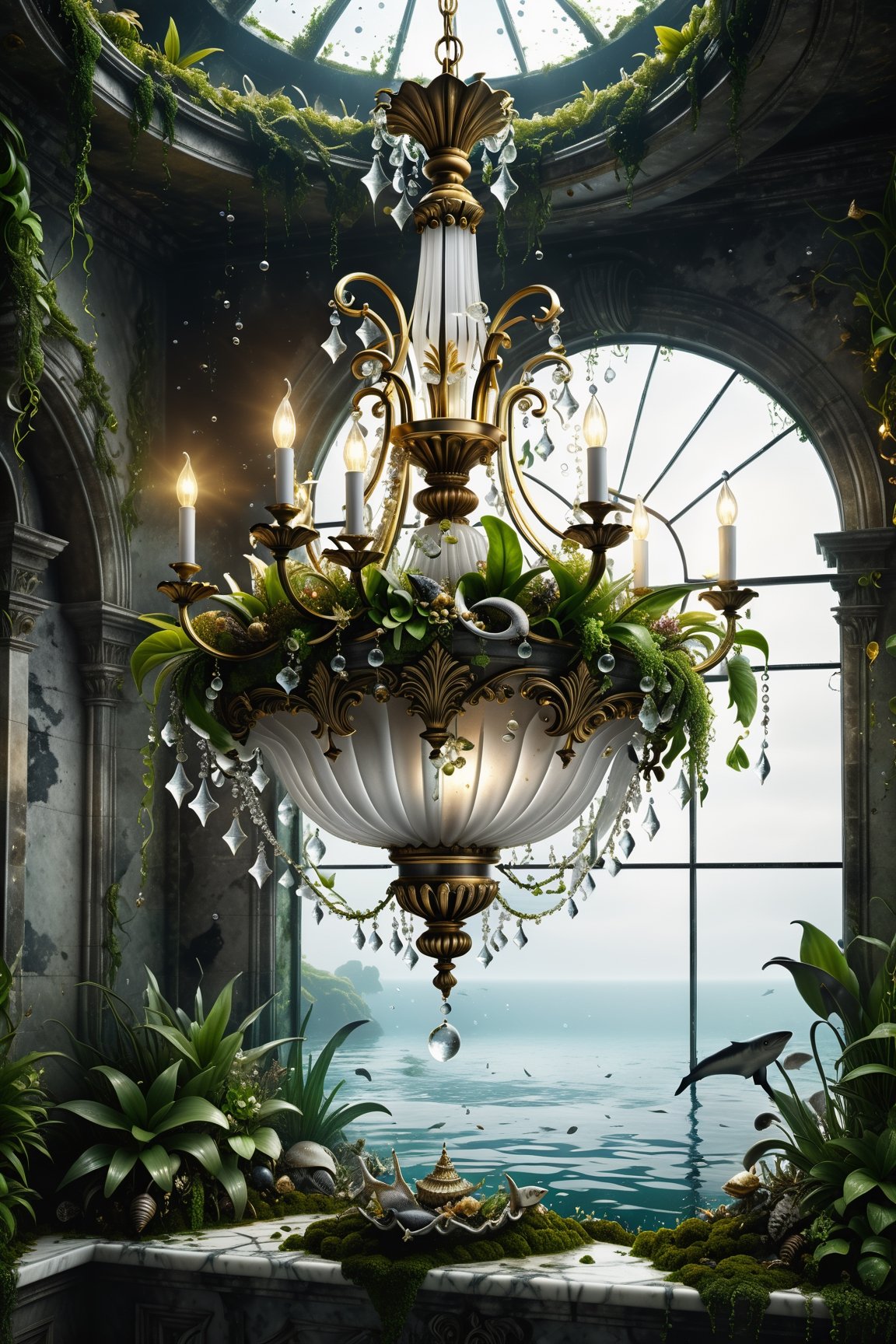 High definition photorealistic render of an incredible and mysterious luxurious abandoned chandelier with wing, with vining plants and moss, made in white marble with black and gold details in classic abandoned ornament and located on the seabed, with fish sharks marine life, aquatic plants, sea beds, shells and explosion of bubbles
