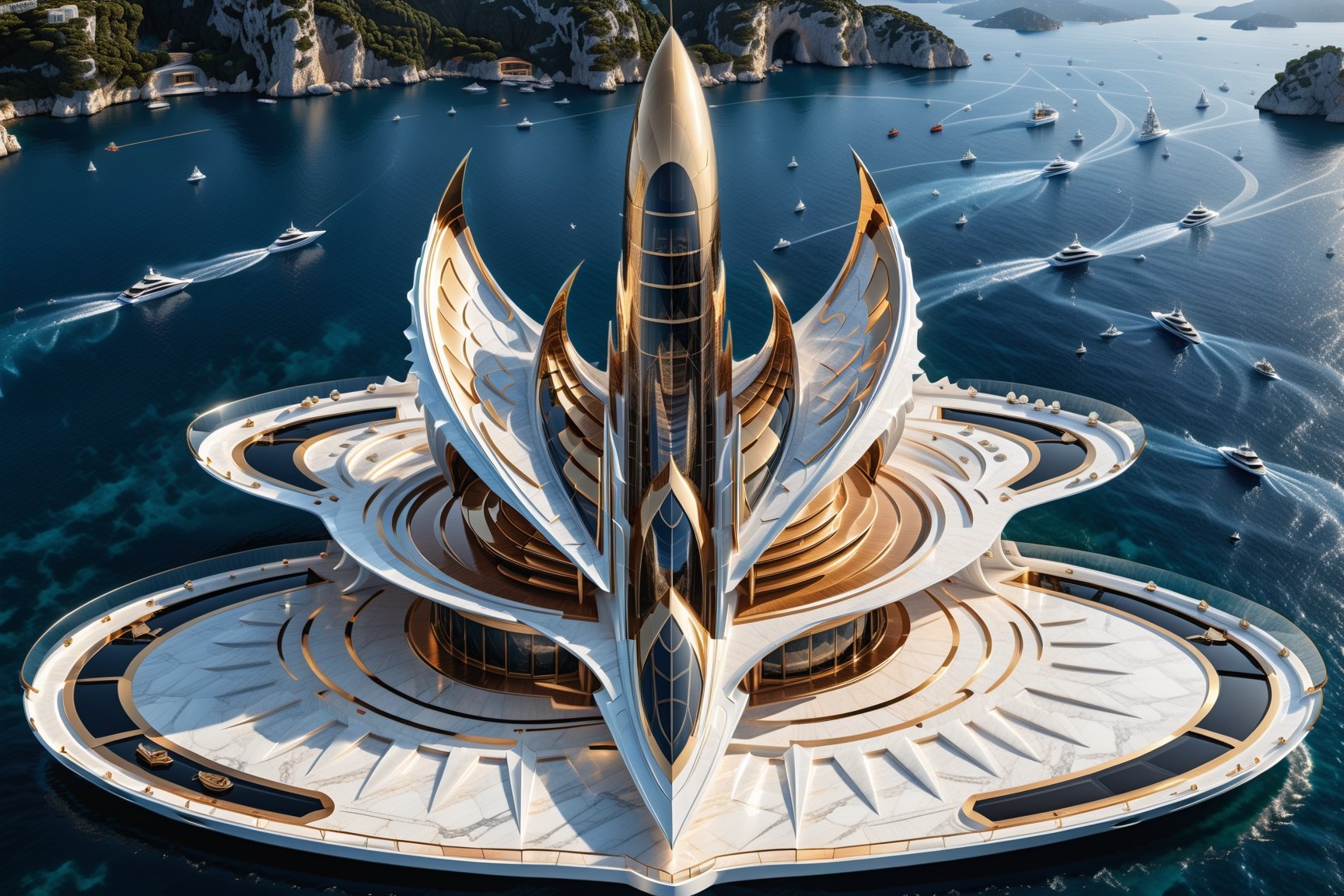 (best quality,  highres,  ultra high resolution,  masterpiece,  realistic,  extremely photograph,  detailed photo,  8K wallpaper,  intricate detail,  film grains), luxurious parametric yatch sculpture in marble on a under sea, in metal of a mega rocket with giant glass wings, inspired by the sculptural designs of Zaha Hadid, it must be symmetrical and with shapes similar to the wings, and in the middle there must be a sword with a throne-style gothic design and general everything with very fluid curves and pointed corners, an aggressive and imposing design with a lot of details in each parametric curve, the design should be inside a castle with marble, details in precious stones