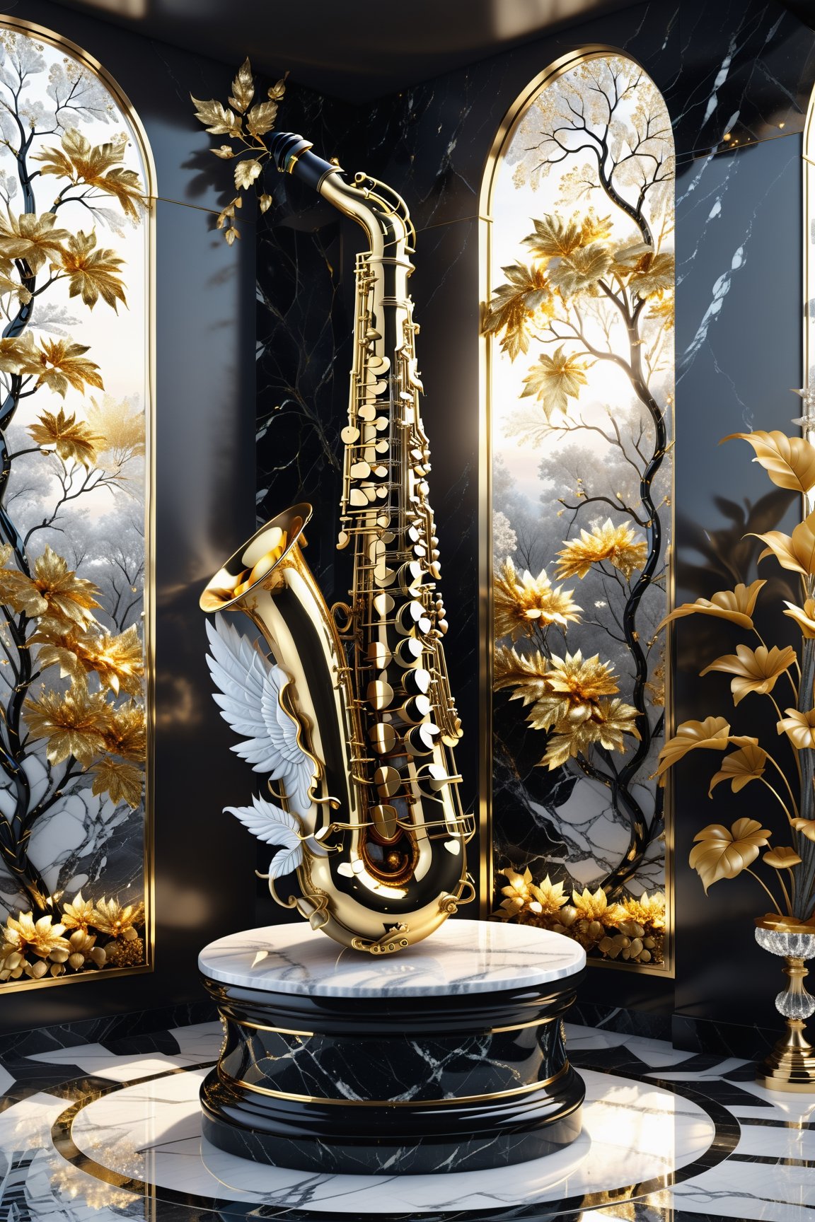High definition photorealistic render of an incredible and mysterious beautiful and luxurious saxophone with intricate gold and white marble details and wings adorning the design, placed on a luxurious column-style throne in black and white marble with crystal and glass with iridescent details and parametric style, located in a landscape with an ice floor, with leaves of autumn, many flowers and dry trees, with a strong sun in the background with fire and smoke, unreal scene