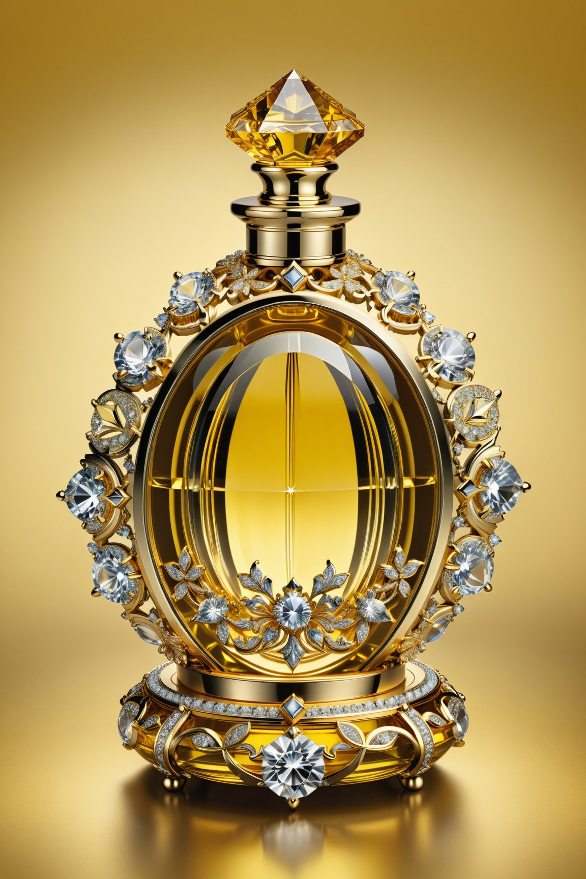 (best quality, highres, ultra high resolution, masterpiece, realistic, extremely photograph, detailed photo, 8K wallpaper, intricate detail, film grains) Photorealistic render in high definition of a majestic perfume made of crystal sculpted in ornamental parametric style, inlaid with diamonds and precious stones, morphologically and conceptually inspired in yellow with a yellow background, its presentation and arrangement, together with the background must follow the same theme , the background must also be magical yellow in marble, including the colors, the perfume must be located on a glass and marble throne and with ornamental details and a baroque style, glass with an iridescent effect must be included, and a detailed explosion of the scenery, with fabrics, full of elegant mystery, symmetrical, geometric and parametric details, Technical design, Ultra intricate details, Ornate details