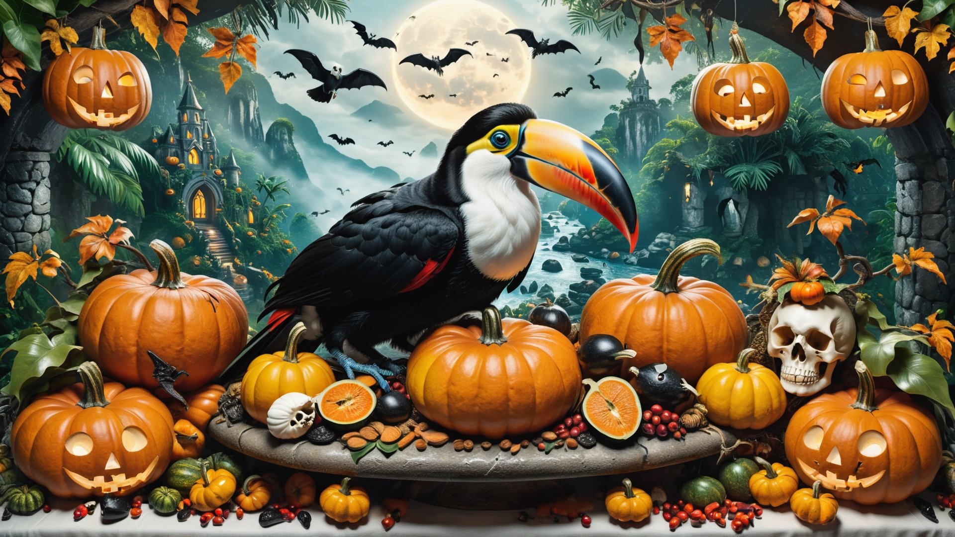 Photorealistic representation in high definition of  luxurious and mythical horror scene, themed on Halloween, of a beautiful toucan chef, surrounded by pumpkins, with spooky paths, and details in skulls and bats, in a jungle with stones, and tasty dishes of food