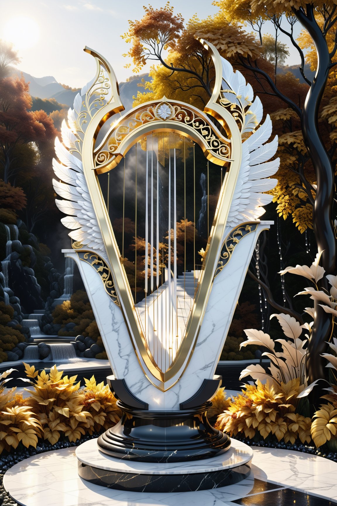 High definition photorealistic render of an incredible and mysterious beautiful and luxurious harp with intricate gold and white marble details and wings adorning the design, placed on a luxurious column-style throne in black and white marble with crystal and glass with iridescent details and parametric style, located in a daytime landscape with an ice floor, with leaves autumn, many flowers and dry trees, with a strong sun in the background with fire and smoke