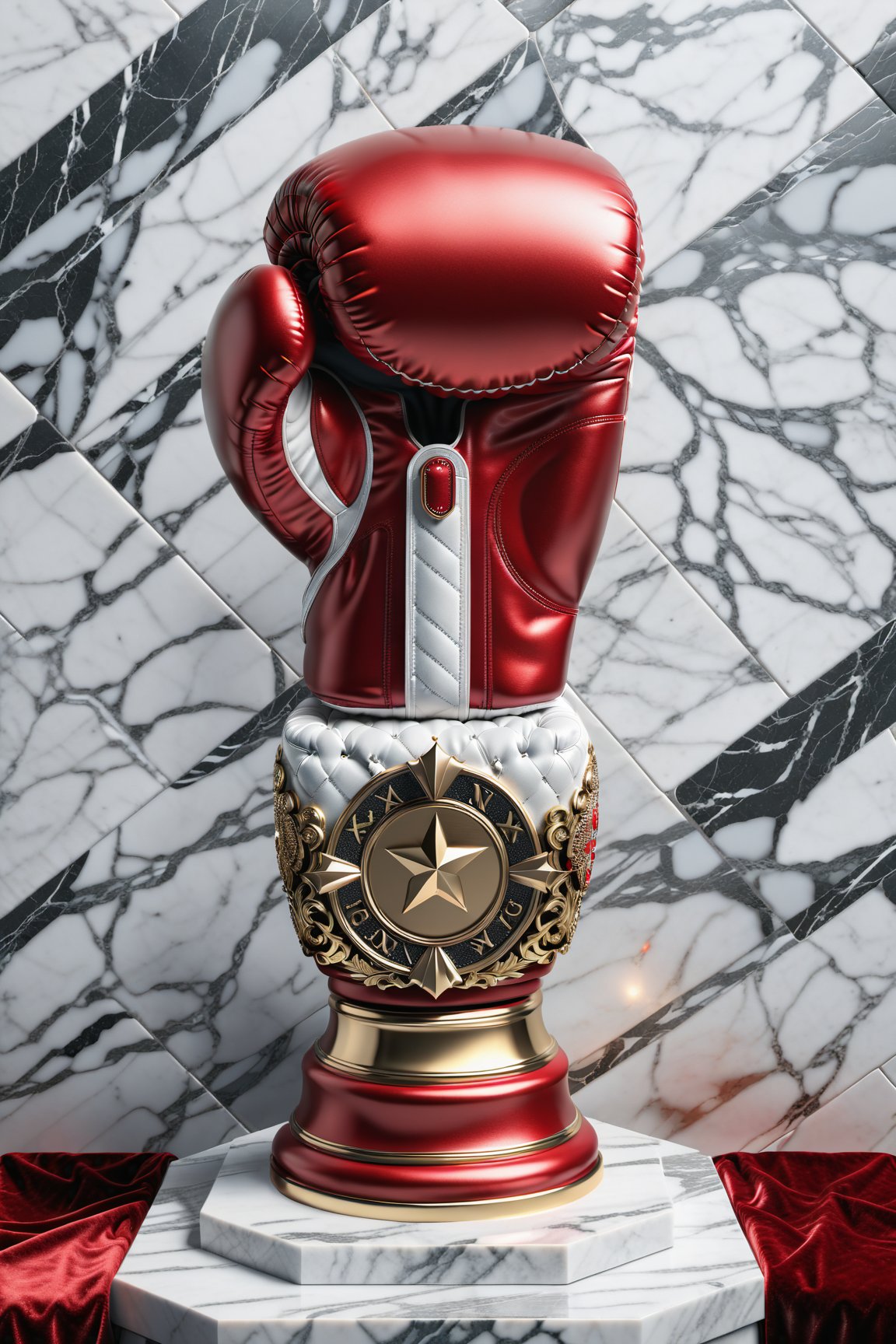 High definition photorealistic render of a luxurious trophy inspiration on boxing glove boxing, in metal and marble red color, in diamond-encrusted metal, with fluid and parametric curves, located on a marble and metal throne, with intricate details, and luxurious velvet fabric full of elegant mystery, symmetrical, geometric and parametric details, Technical design, Ultra intricate details, Ornate details. shutter speed 1/1000, f/22, white balance, vintage aesthetic, retro aesthetic, retro film, dramatic setting, horror film