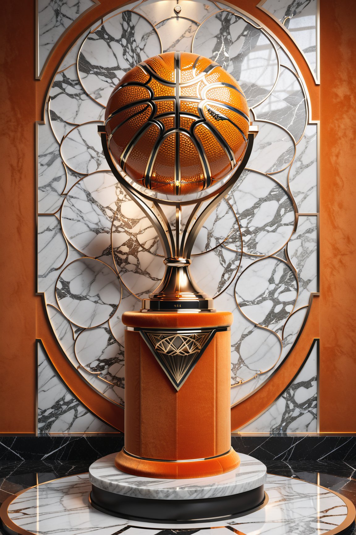 High definition photorealistic render of a luxurious trophy inspiration on basketball, in metal and marble orange, in diamond-encrusted metal, with fluid and parametric curves, located on a marble and metal throne, with intricate details, and luxurious velvet fabric full of elegant mystery, symmetrical, geometric and parametric details, Technical design, Ultra intricate details, Ornate details. shutter speed 1/1000, f/22, white balance, vintage aesthetic, retro aesthetic, retro film, dramatic setting, horror film