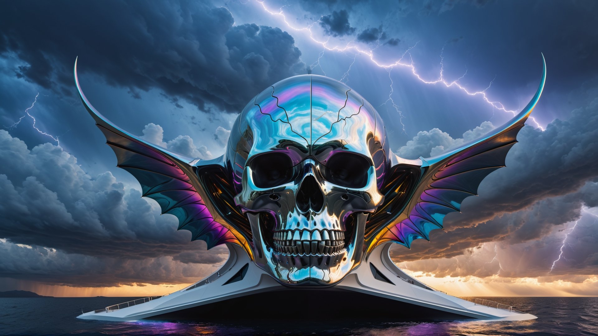 (best quality,  highres,  ultra high resolution,  masterpiece,  realistic,  extremely photograph,  detailed photo,  8K wallpaper,  intricate detail,  film grains),  
luxurious sculptural construction in parametric yacht style with a skull with bat wings in metal and marble in parametric style inspired by the architecture of Zaha Hadid, marble and iridescent glass, with a rainbow effect, on a night of terror in autumn, with clouds dark and lightning in the sky This is a photographic scene designed with advanced photography,  CGI,  and VFX parameters,  in high definition,  ensuring flawless execution. high level of intricacy in the image.