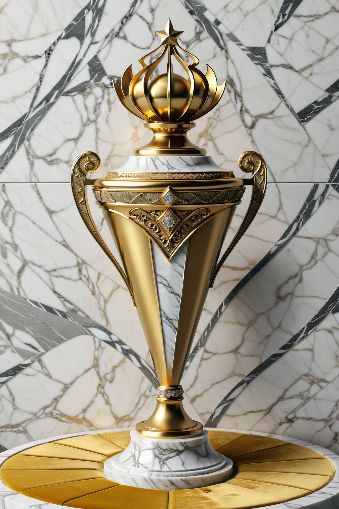 High definition photorealistic render of a luxurious trophy inspiration on bicicly design sport, in metal and marble yellow color, in diamond-encrusted metal, with fluid and parametric curves, located on a marble and metal throne, with intricate details, and luxurious velvet fabric full of elegant mystery, symmetrical, geometric and parametric details, Technical design, Ultra intricate details, Ornate details. shutter speed 1/1000, f/22, white balance, vintage aesthetic, retro aesthetic, retro film, dramatic setting, horror film