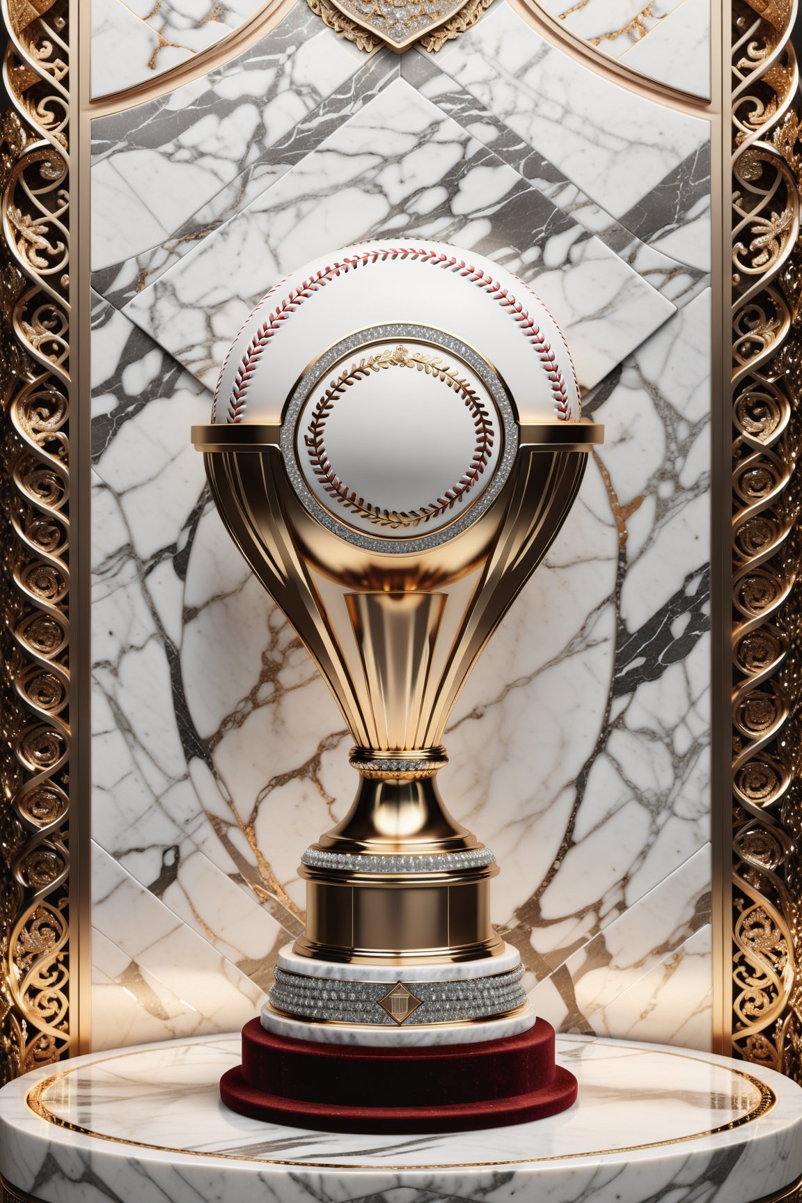 High definition photorealistic render of a luxurious trophy inspiration on baseball,  inspirate in these ball, in metal and marble white and brown color, in diamond-encrusted metal, with fluid and parametric curves, located on a marble and metal throne, with intricate details, and luxurious velvet fabric full of elegant mystery, symmetrical, geometric and parametric details, Technical design, Ultra intricate details, Ornate details. shutter speed 1/1000, f/22, white balance, vintage aesthetic, retro aesthetic, retro film, dramatic setting, horror film