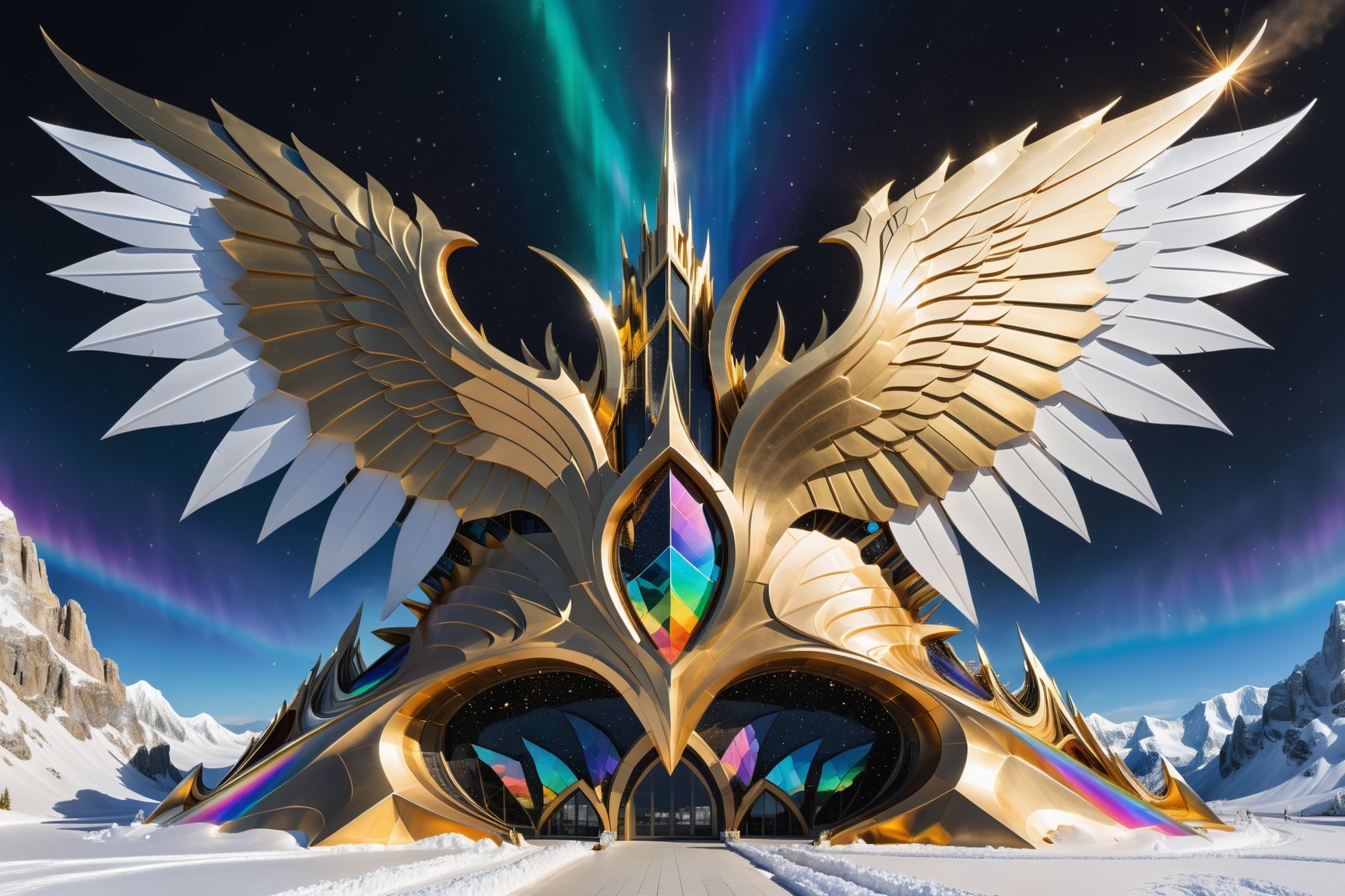 mega sculpture in the form of a hypersonic casttle with dragon aerodinamic wings con withe feather whit border rainbow swaroski holographic caotic, sky rainbow and aurora borealis, snow particles,  metal gold iridicente, inmerse fantary crhistimas snow mountains, boreal colors,  white,  black cosmic explosion,  surreal concept,  very sculptural and with fluid and organic shapes,  with symmetrical curves. Inspired by Zaha Hadid's style,  gold,  with black and white details. The design is inspired by the Tomorrowland 2022 main stage,  with ultra-realistic Art Deco details and a high level of image complexity, articles simetric holographic foil crystal of a luxury shield with wing, caotic diamonds background