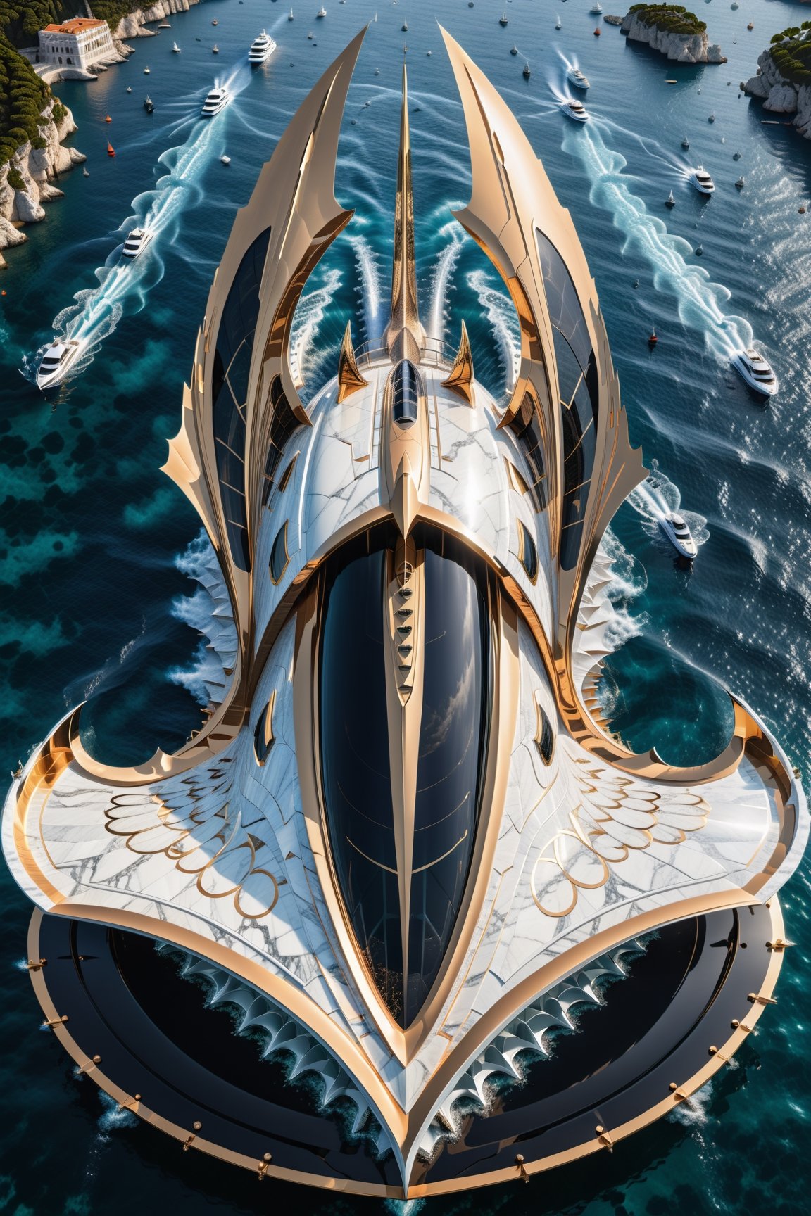 (best quality,  highres,  ultra high resolution,  masterpiece,  realistic,  extremely photograph,  detailed photo,  8K wallpaper,  intricate detail,  film grains), luxurious parametric yatch sculpture in marble on a under sea, in metal of a mega rocket with giant glass wings, inspired by the sculptural designs of Zaha Hadid, it must be symmetrical and with shapes similar to the wings, and in the middle there must be a sword with a throne-style gothic design and general everything with very fluid curves and pointed corners, an aggressive and imposing design with a lot of details in each parametric curve, the design should be inside a castle with marble, details in precious stones