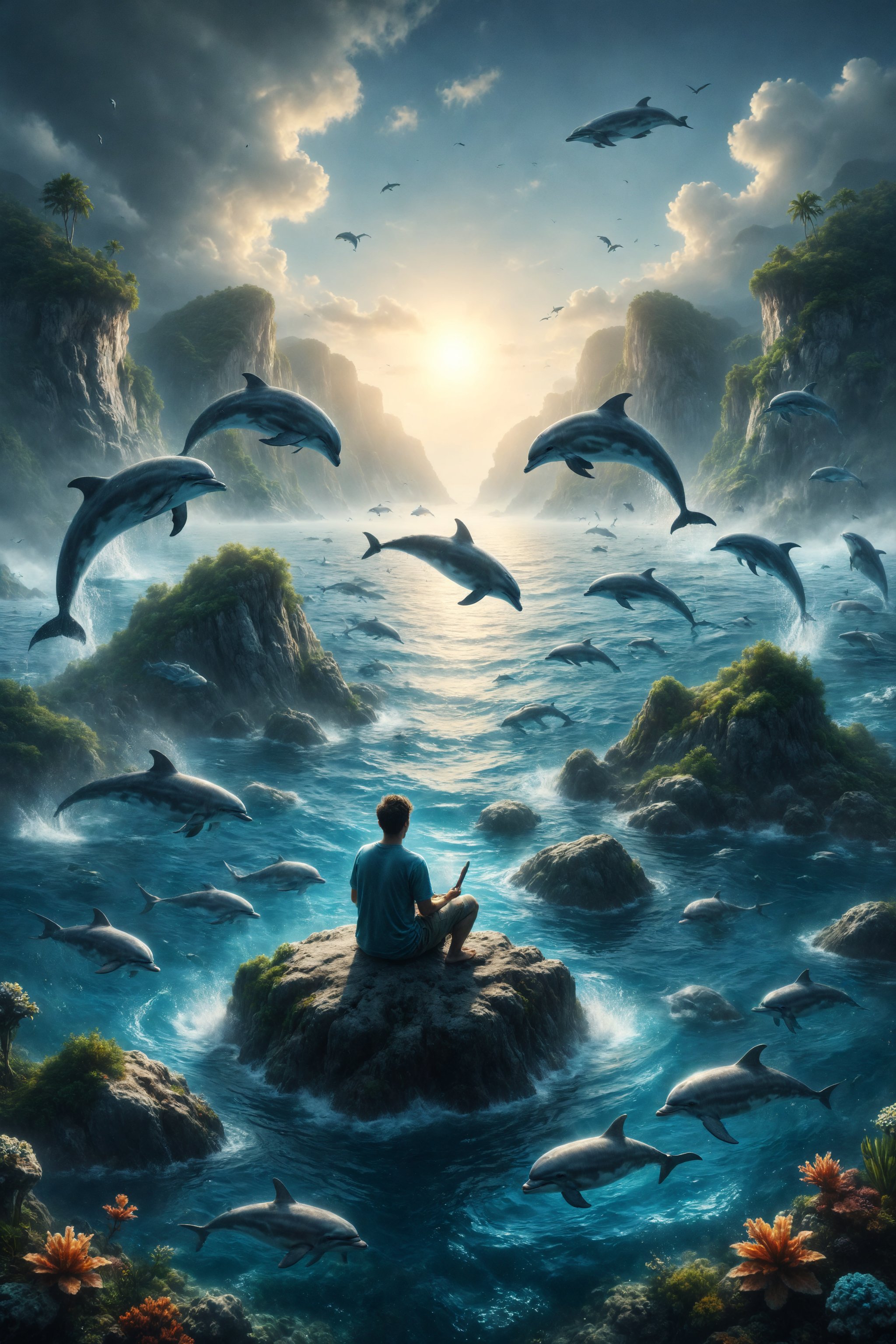 Create an illustration of a person sitting on a rock in the middle of the sea, surrounded by dolphins.