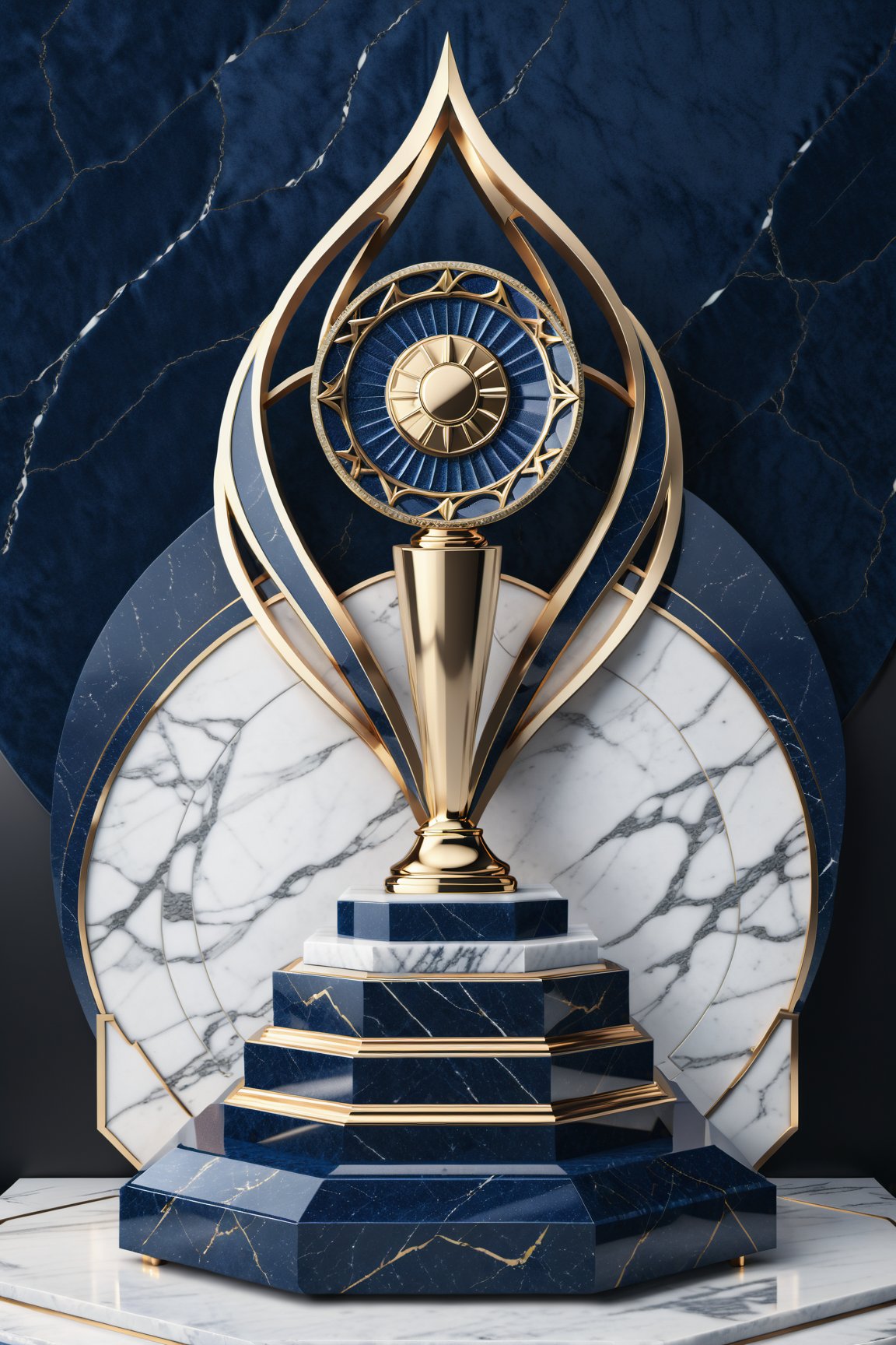 High definition photorealistic render of a luxurious trophy inspiration on plane acrobatic sport, in metal and marble dark blue color, in diamond-encrusted metal, with fluid and parametric curves, located on a marble and metal throne, with intricate details, and luxurious velvet fabric full of elegant mystery, symmetrical, geometric and parametric details, Technical design, Ultra intricate details, Ornate details. shutter speed 1/1000, f/22, white balance, vintage aesthetic, retro aesthetic, retro film, dramatic setting, horror film